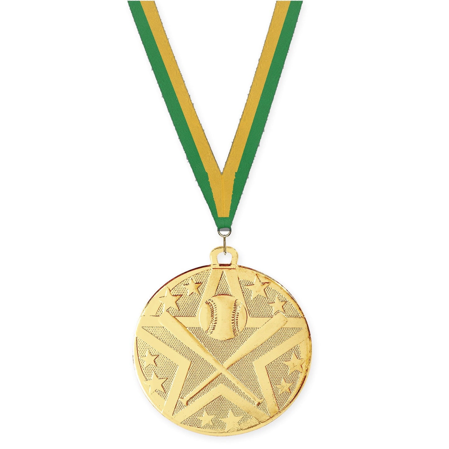 2 inch baseball and softball Superstar medal in gold with Green Gold neck ribbon