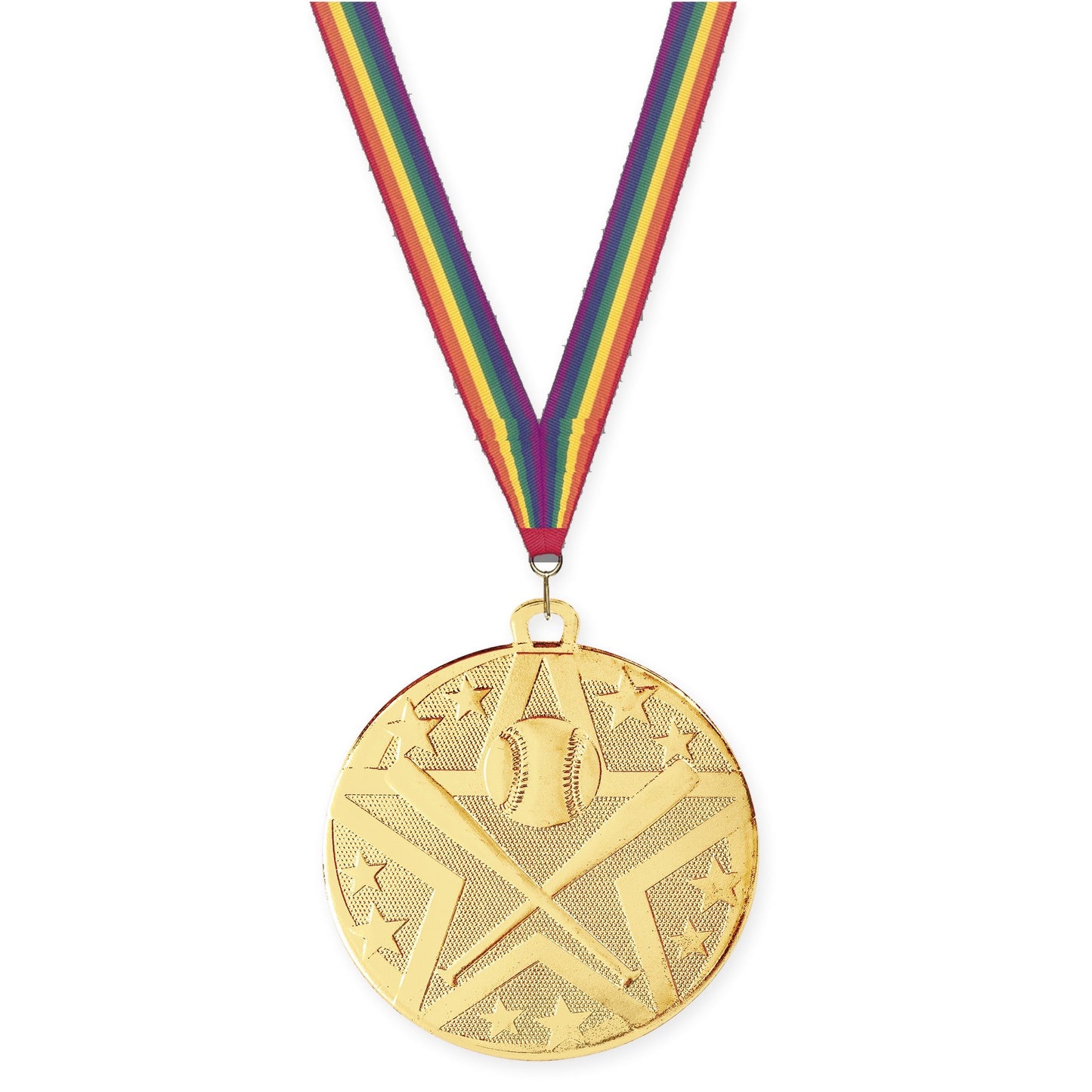 2 inch baseball and softball Superstar medal in gold with Rainbow neck ribbon