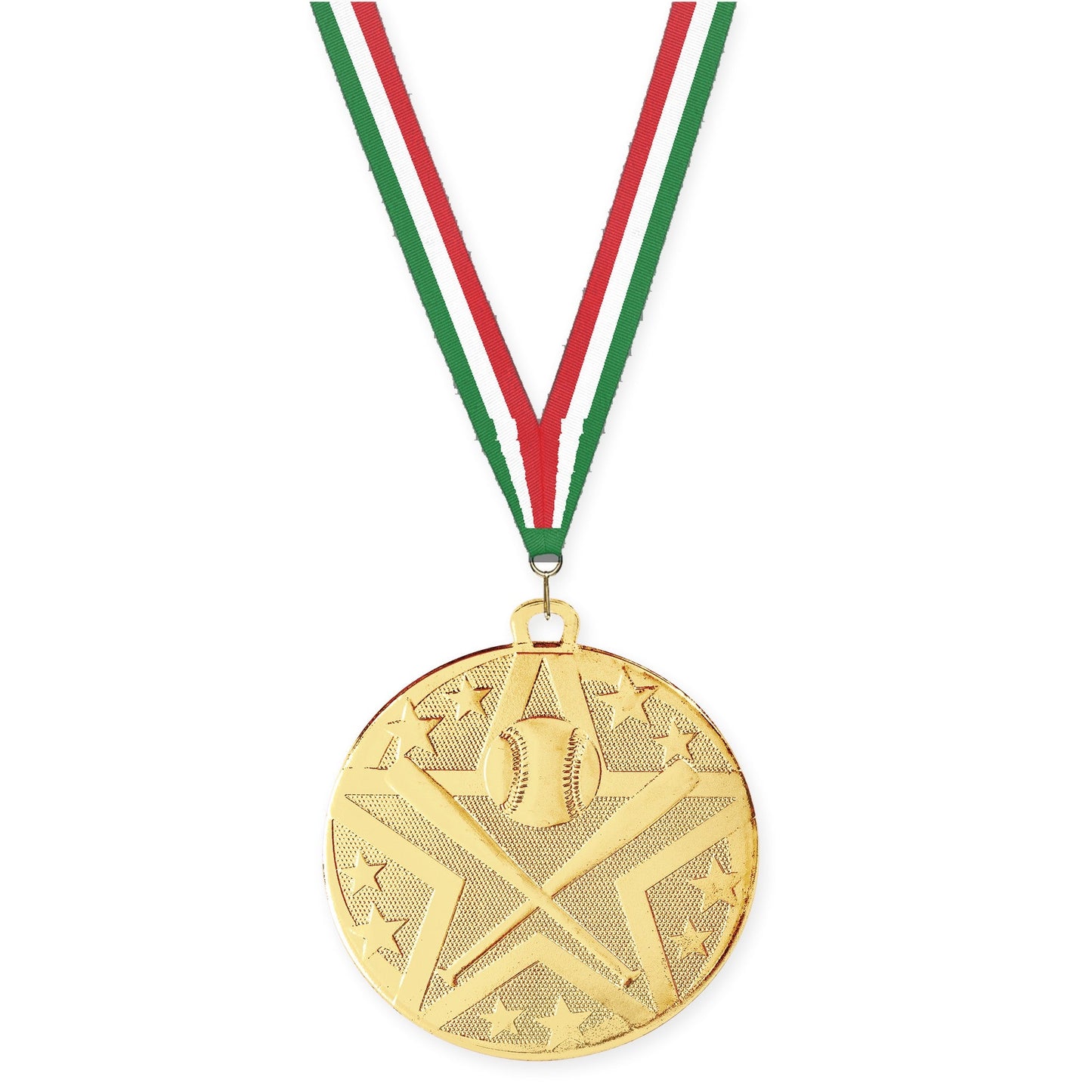 2 inch baseball and softball Superstar medal in gold with Green White Red neck ribbon