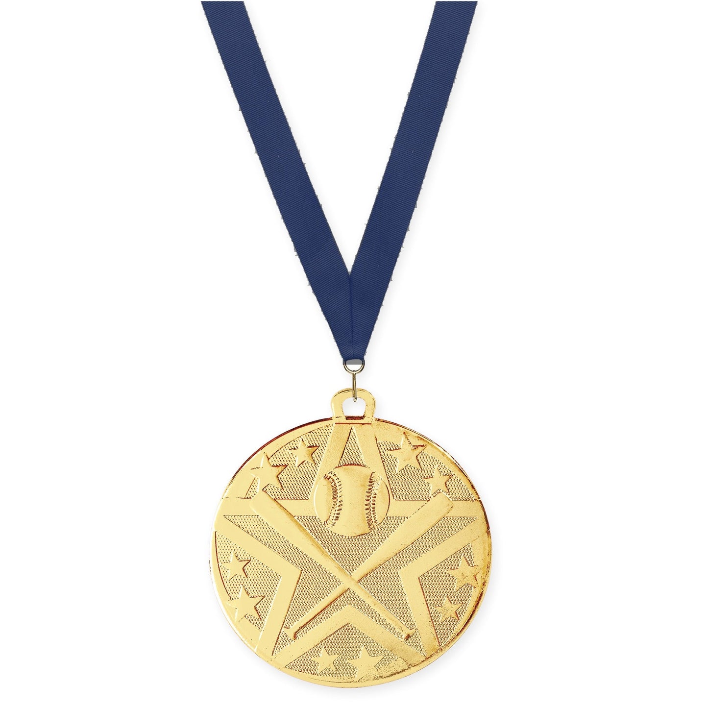 2 inch baseball and softball Superstar medal in gold with Navy neck ribbon