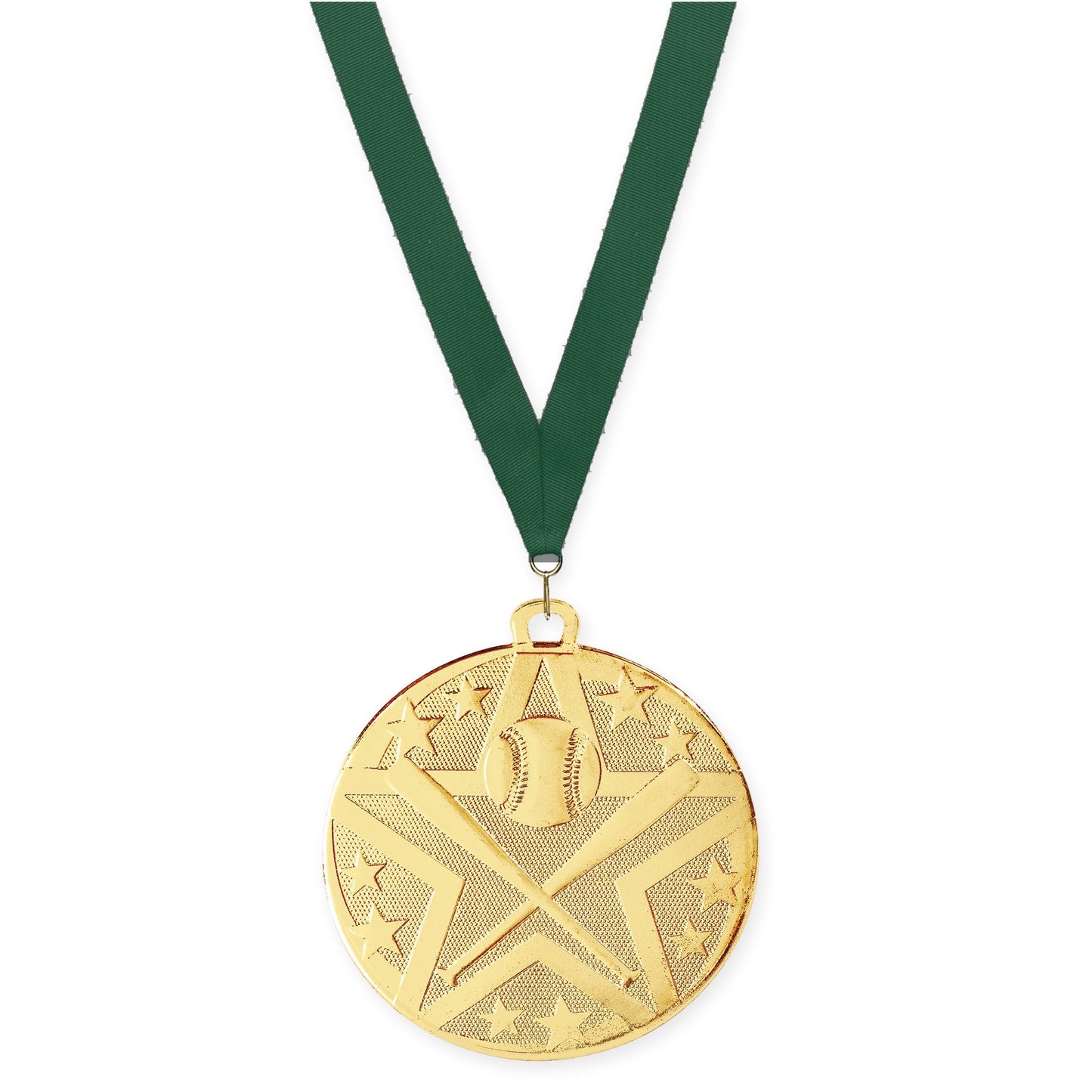 2 inch baseball and softball Superstar medal in gold with Hunter Green neck ribbon