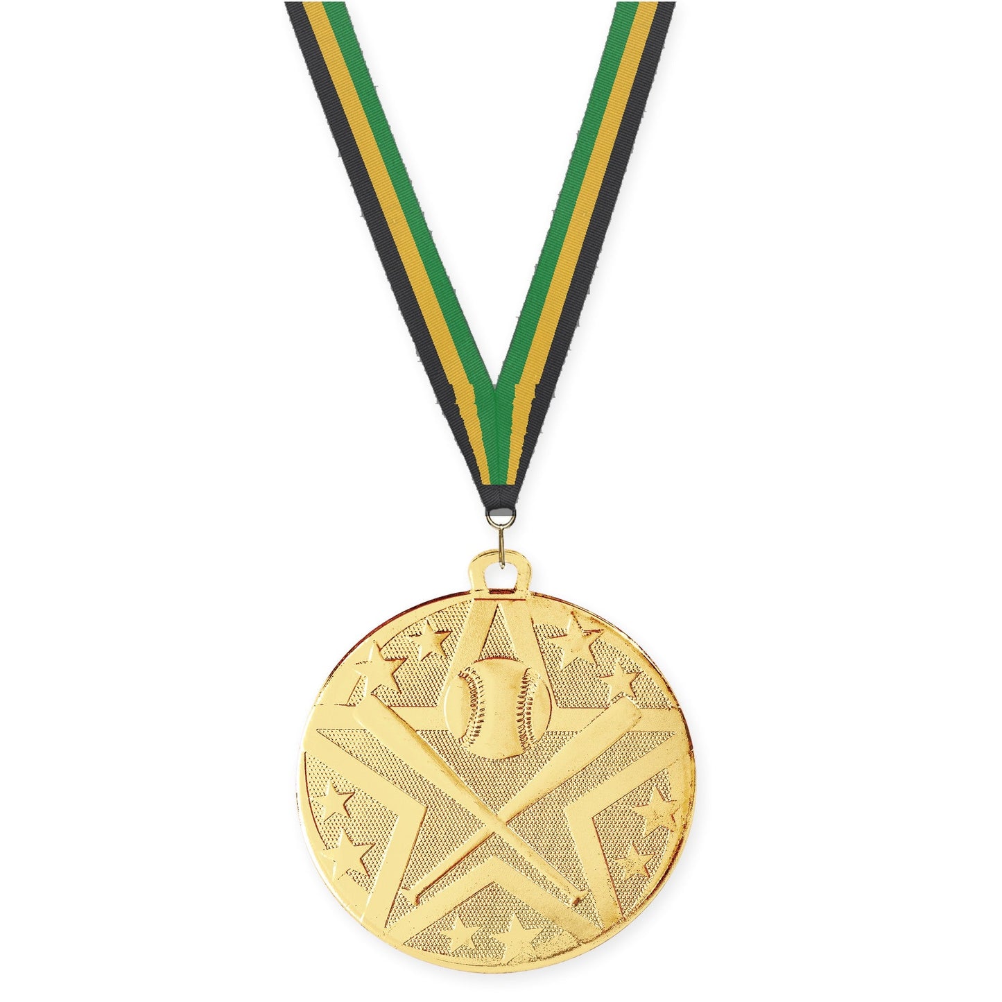 2 inch baseball and softball Superstar medal in gold with Black Gold Green neck ribbon