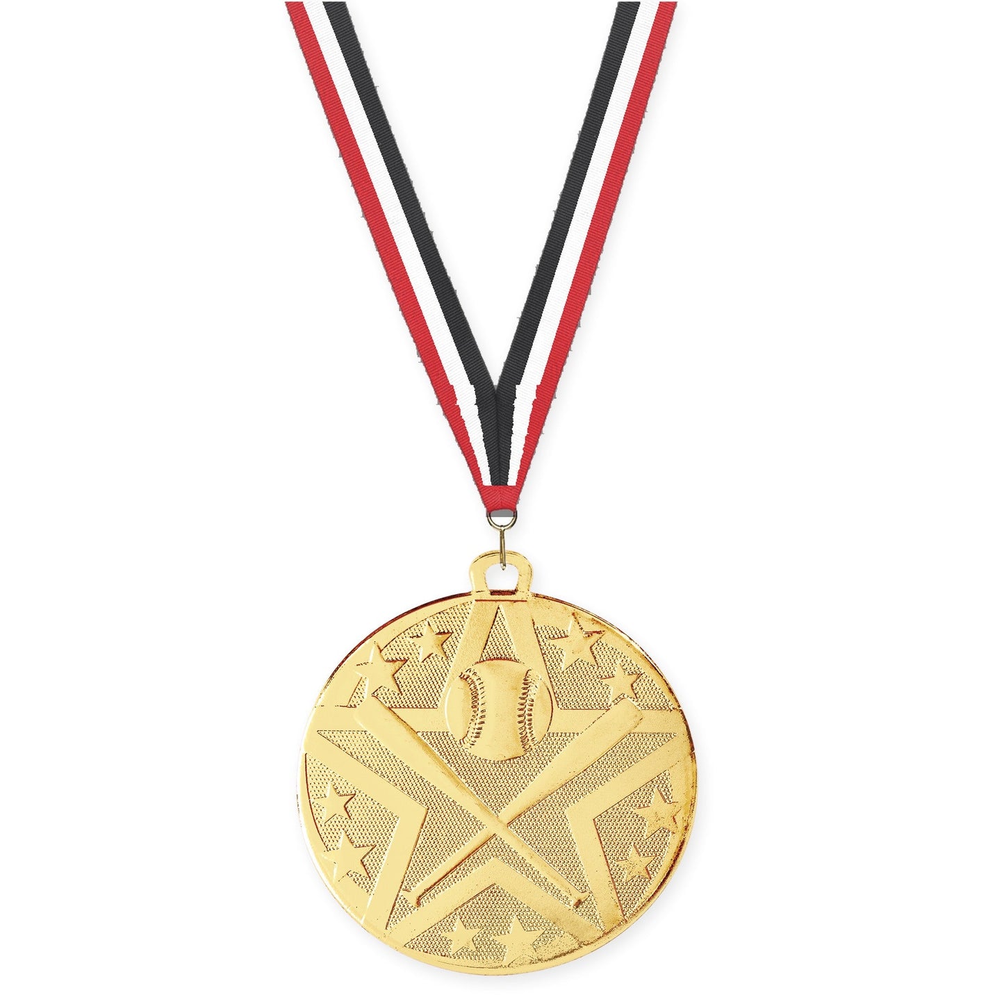 2 inch baseball and softball Superstar medal in gold with Red White Black neck ribbon