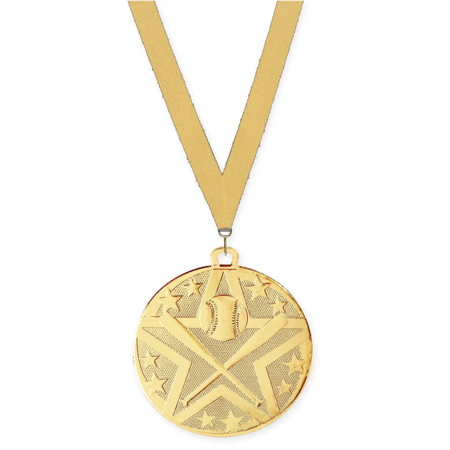 2 inch baseball and softball Superstar medal in gold with Gold Metallic neck ribbon