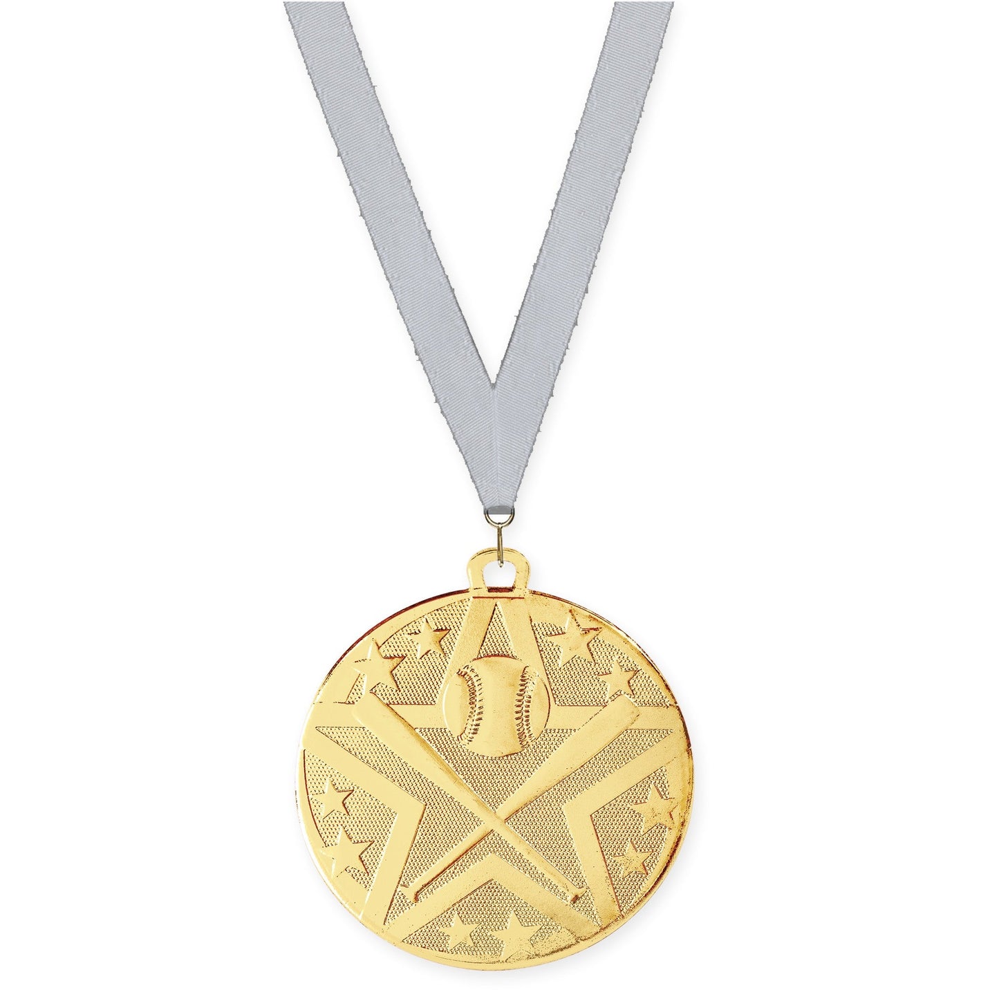 2 inch baseball and softball Superstar medal in gold with Silver Metallic neck ribbon