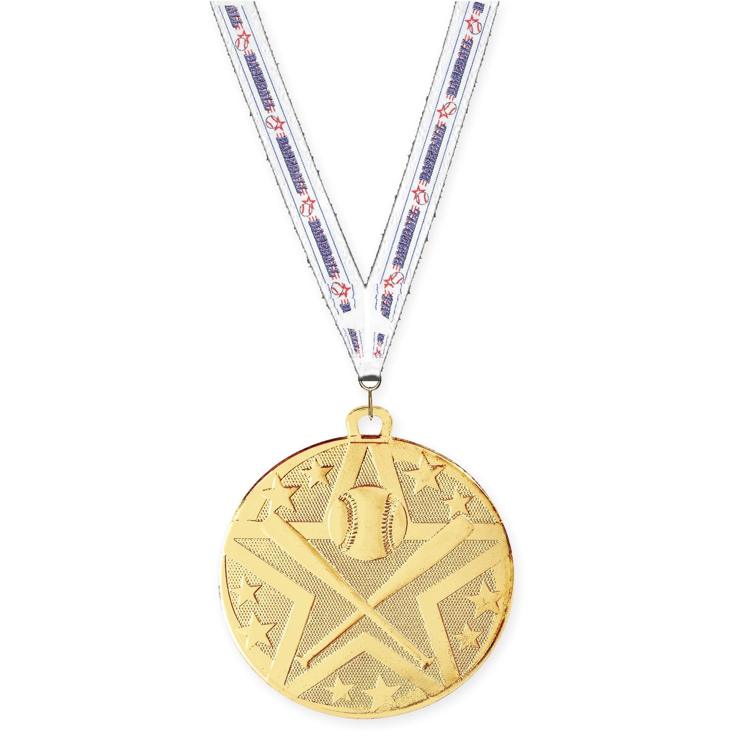 2 inch baseball and softball Superstar medal in gold with Baseball neck ribbon
