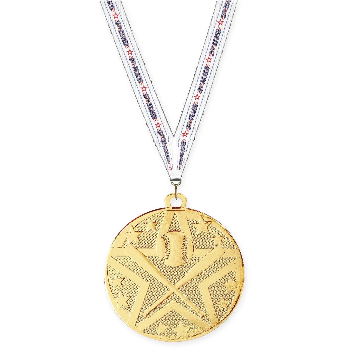 2 inch baseball and softball Superstar medal in gold with 2nd Place neck ribbon