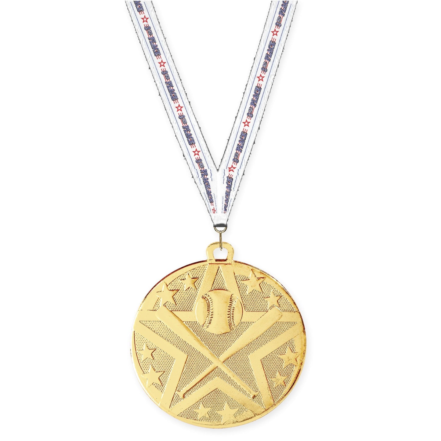 2 inch baseball and softball Superstar medal in gold with 3rd Place neck ribbon
