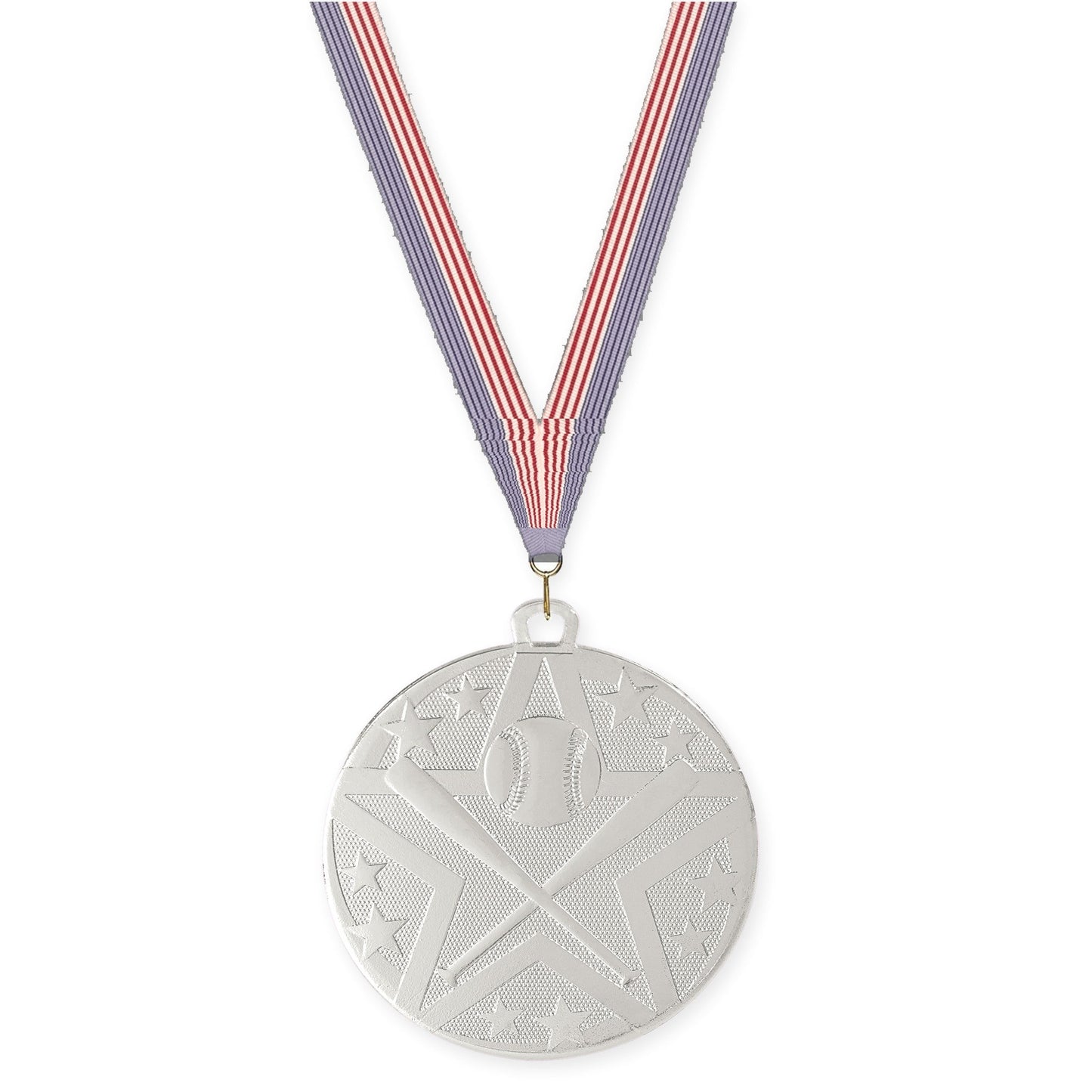 2 inch baseball and softball Superstar medal in silver with USA Flag neck ribbon