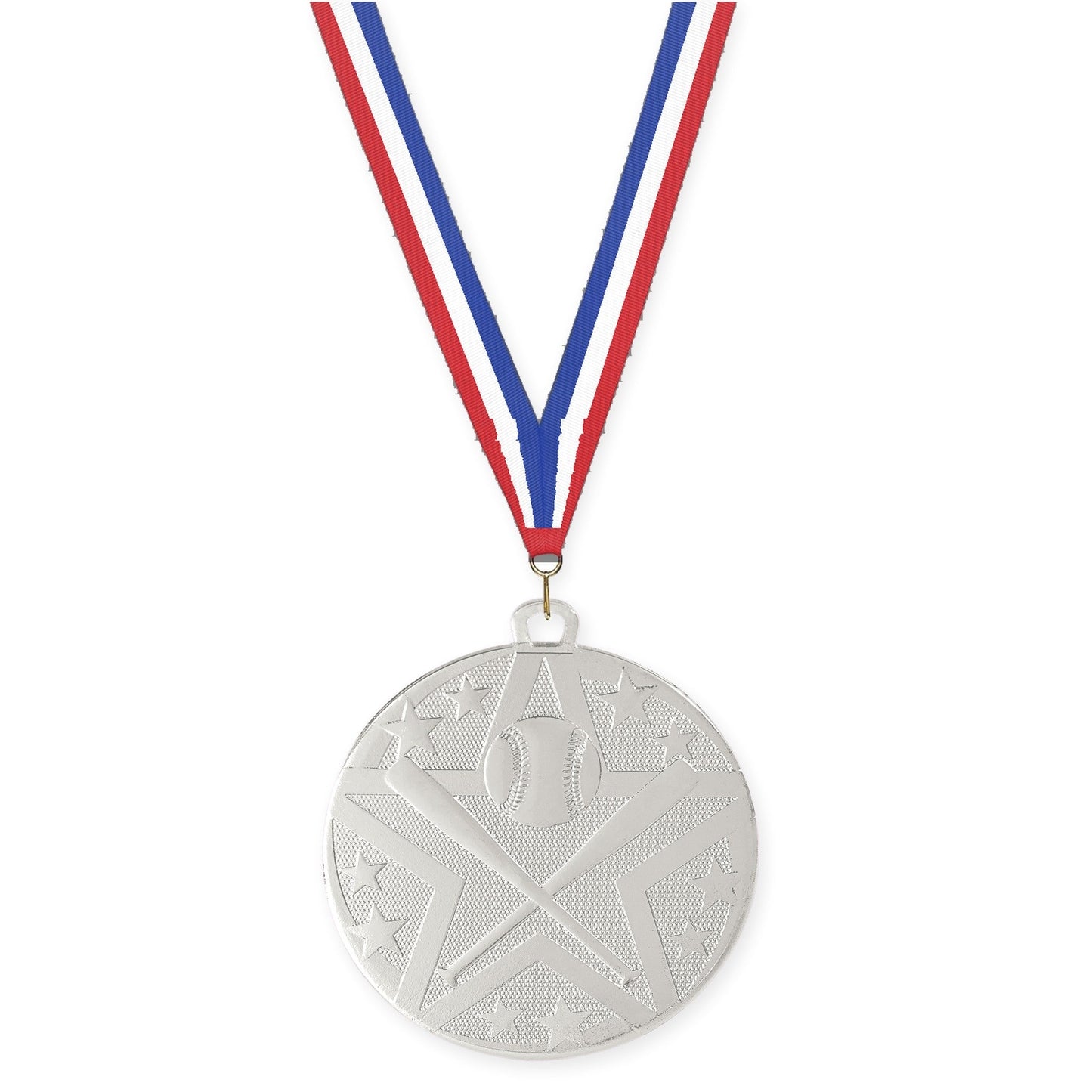 2 inch baseball and softball Superstar medal in silver with Red White Blue neck ribbon