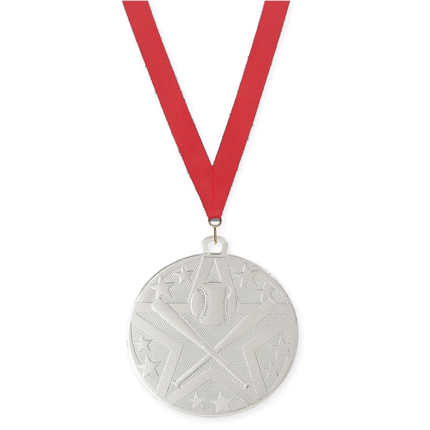 2 inch baseball and softball Superstar medal in silver with Red neck ribbon