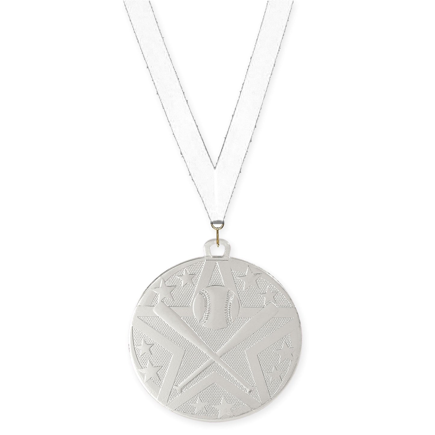 2 inch baseball and softball Superstar medal in silver with White neck ribbon