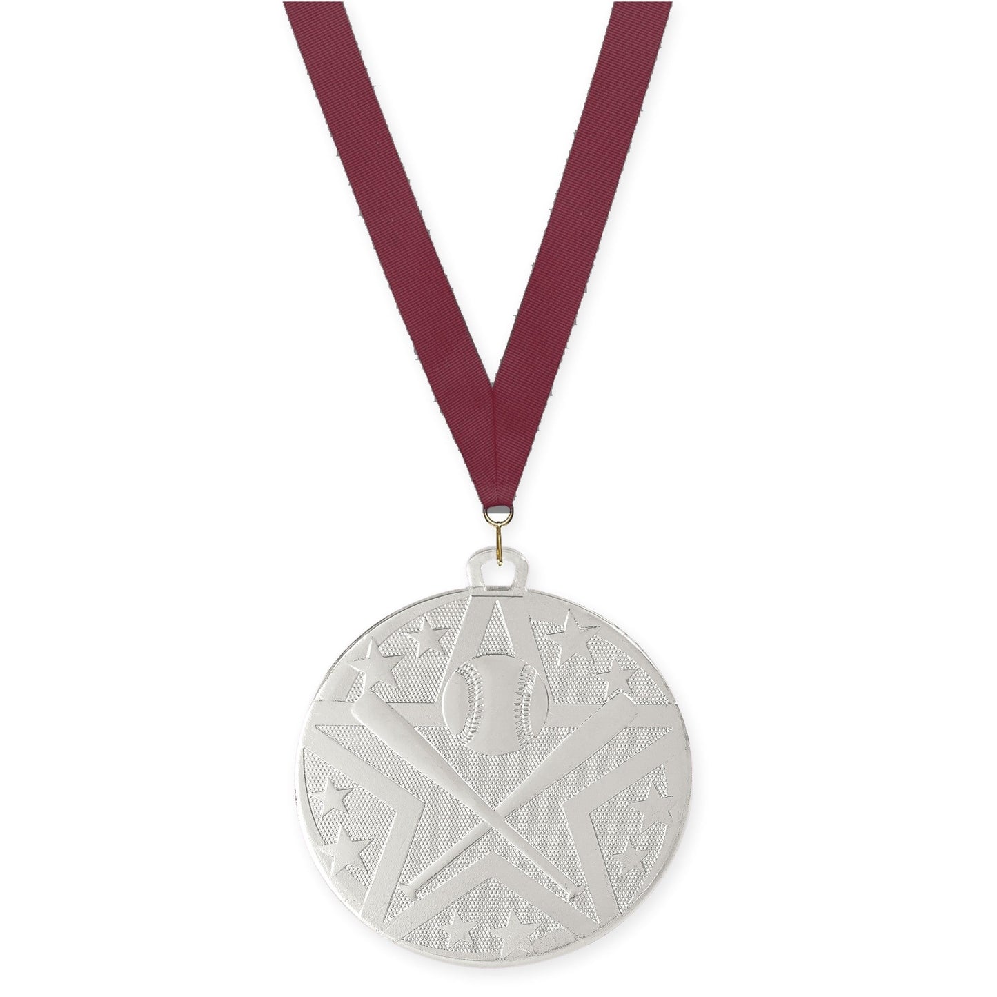 2 inch baseball and softball Superstar medal in silver with Maroon neck ribbon