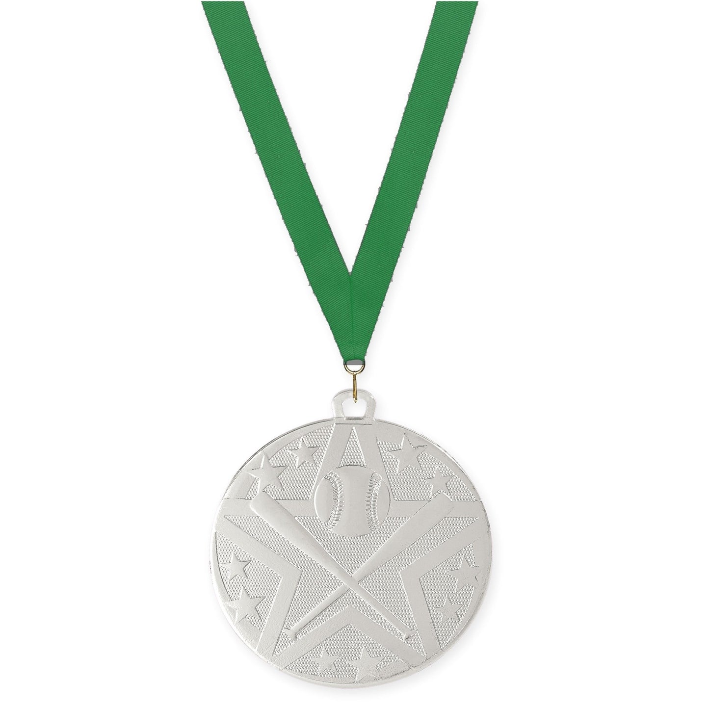 2 inch baseball and softball Superstar medal in silver with Green neck ribbon