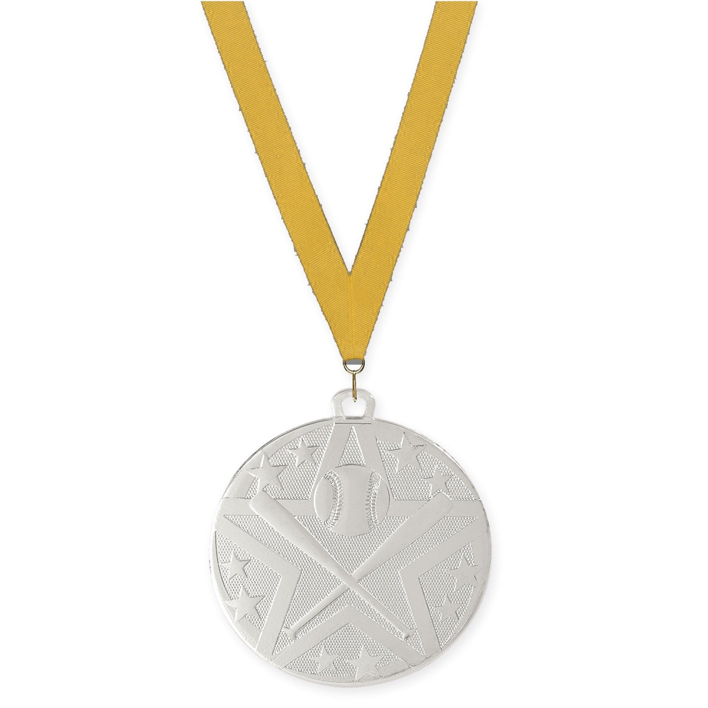 2 inch baseball and softball Superstar medal in silver with Gold neck ribbon