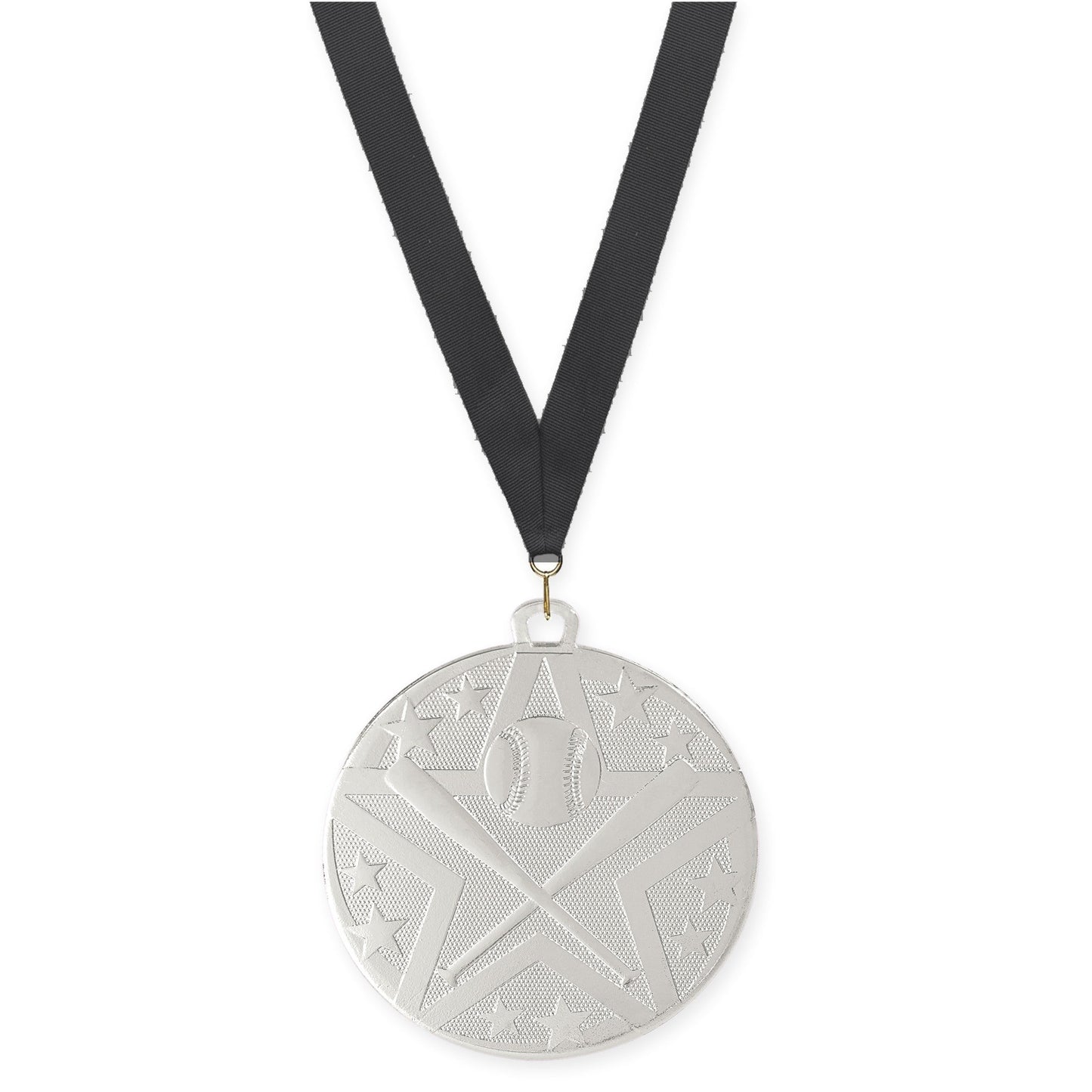2 inch baseball and softball Superstar medal in silver with Black neck ribbon