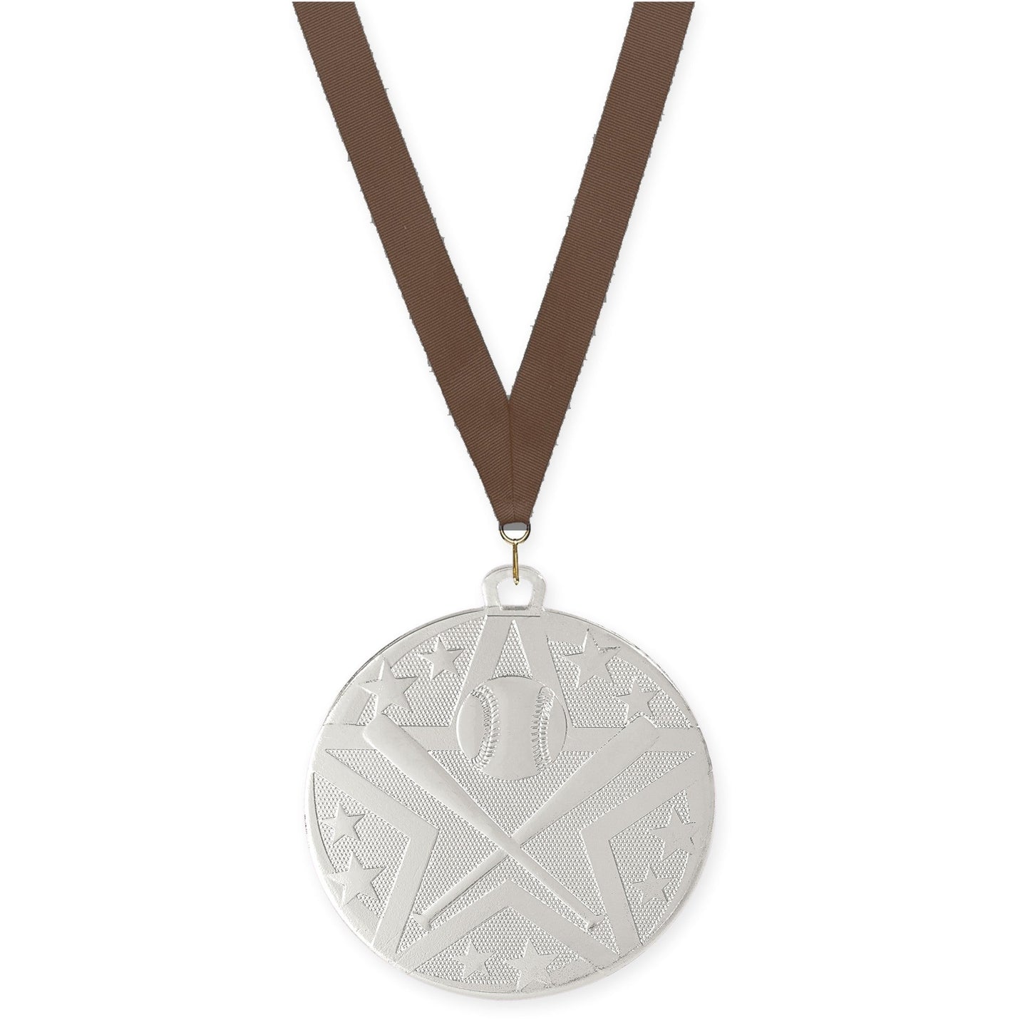 2 inch baseball and softball Superstar medal in silver with Brown neck ribbon