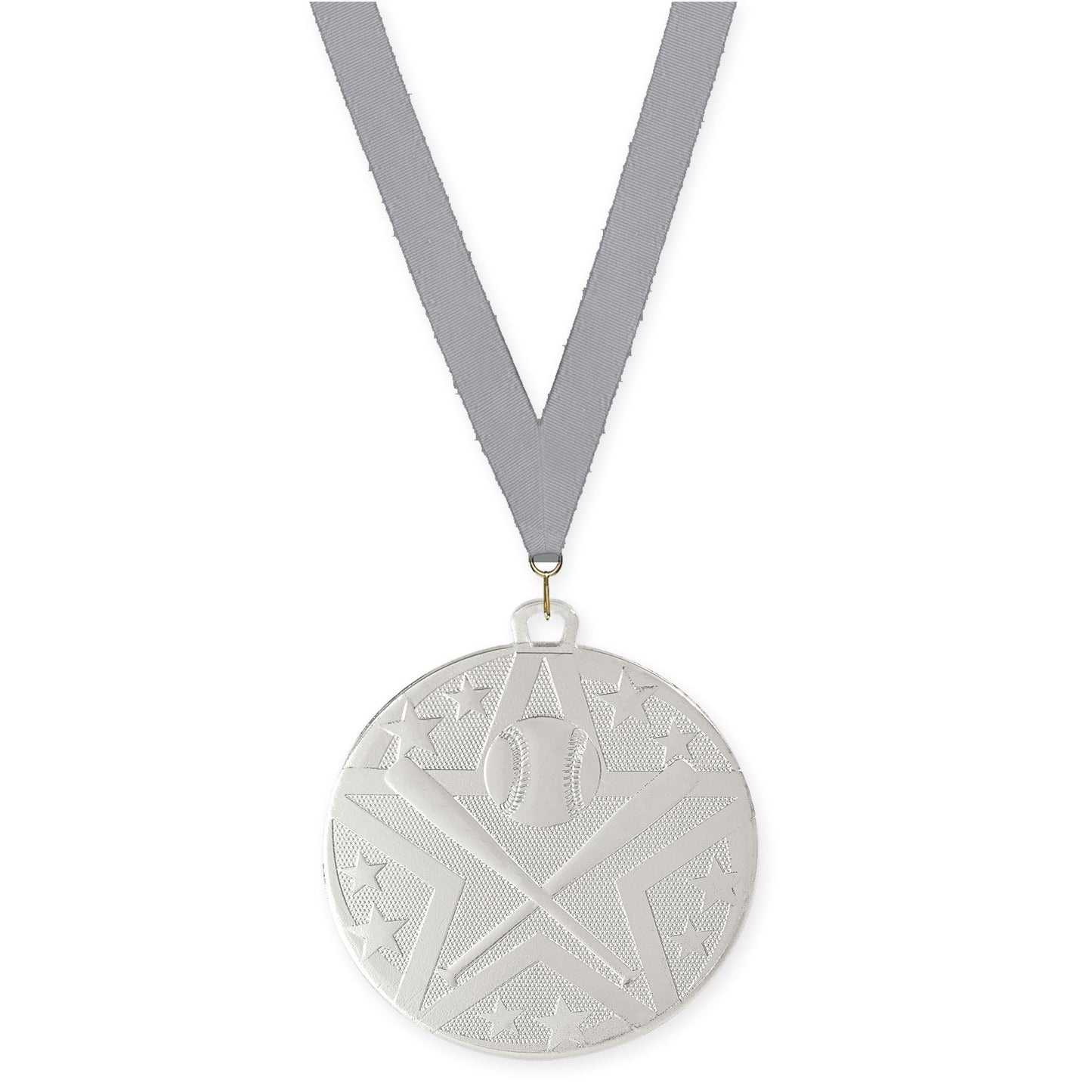 2 inch baseball and softball Superstar medal in silver with Gray neck ribbon