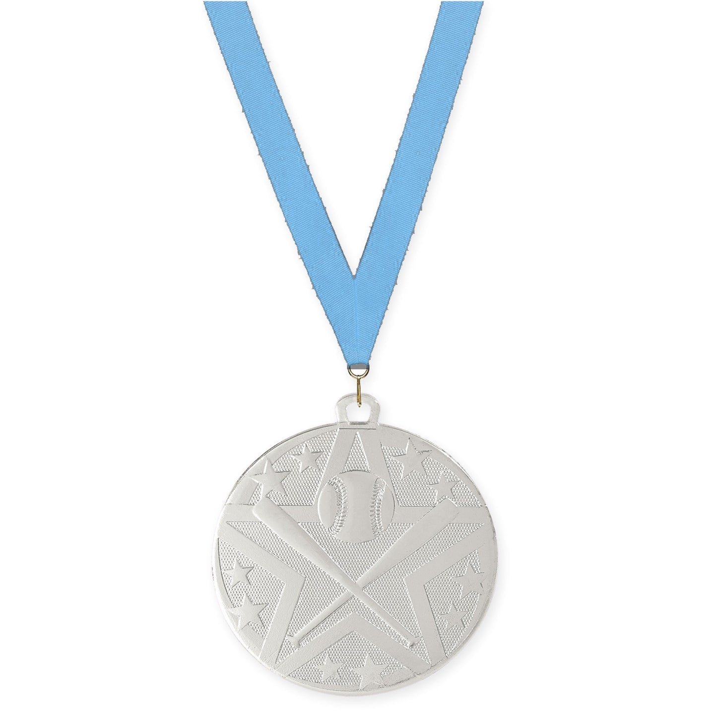 2 inch baseball and softball Superstar medal in silver with Light Blue neck ribbon