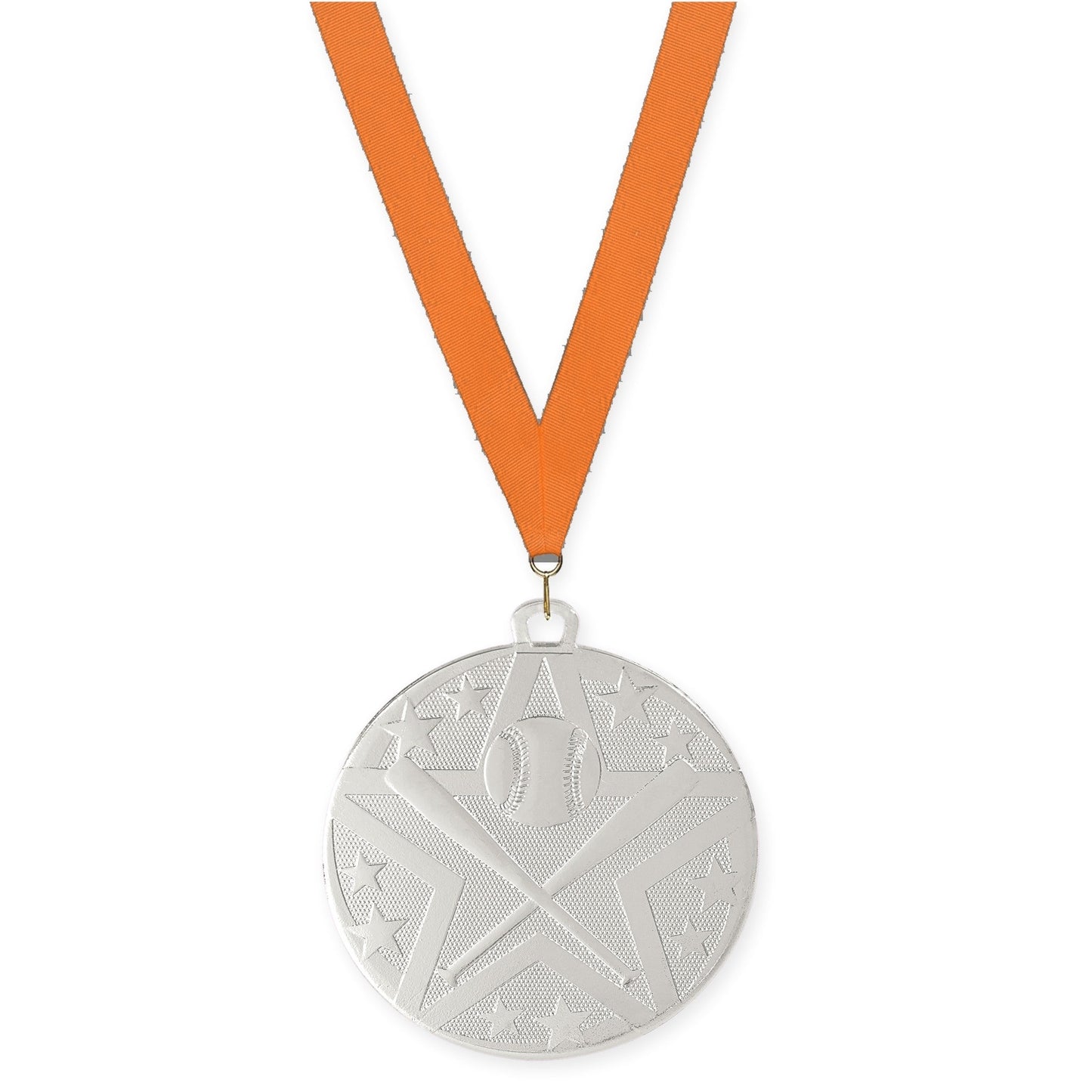 2 inch baseball and softball Superstar medal in silver with Orange neck ribbon
