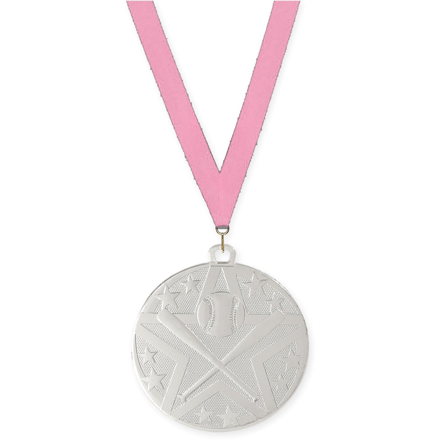 2 inch baseball and softball Superstar medal in silver with Pink neck ribbon
