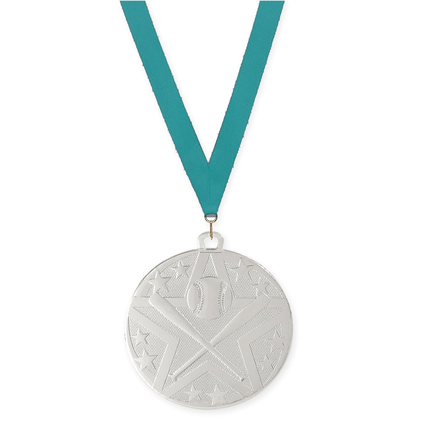 2 inch baseball and softball Superstar medal in silver with Teal neck ribbon