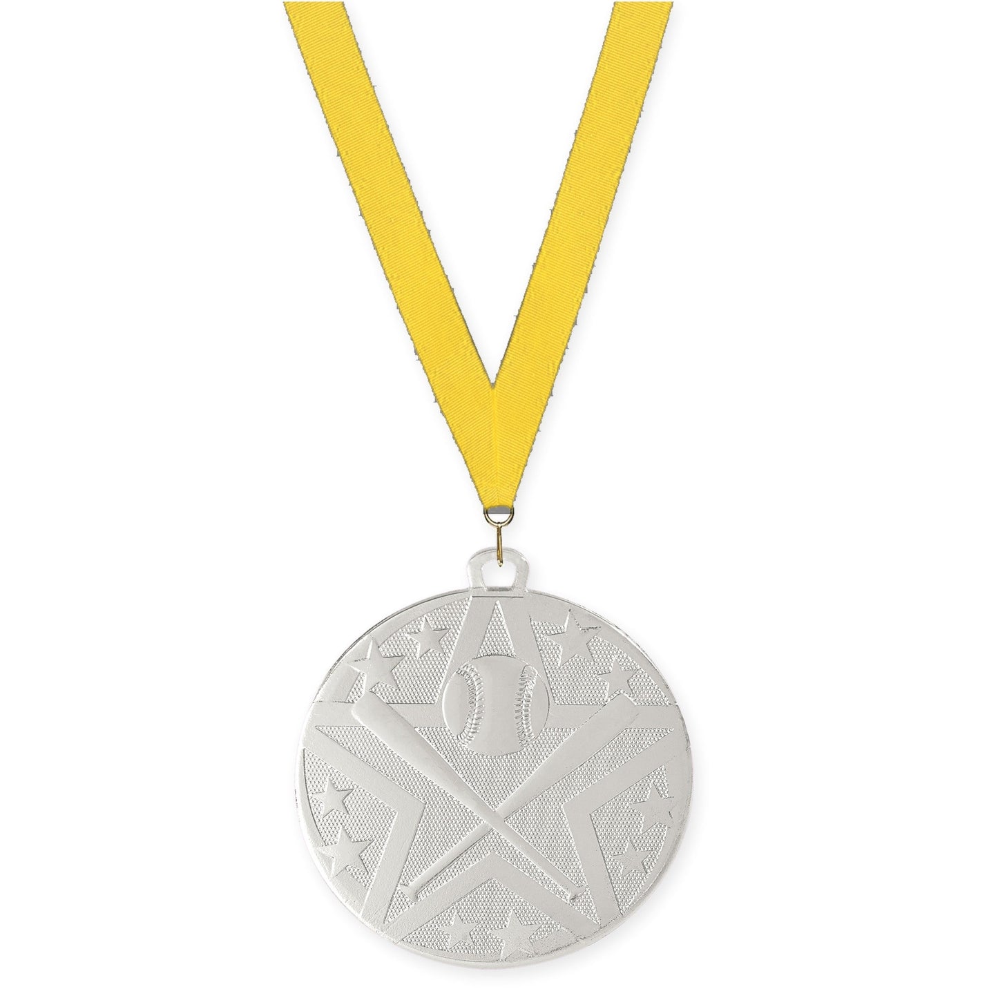 2 inch baseball and softball Superstar medal in silver with Yellow neck ribbon