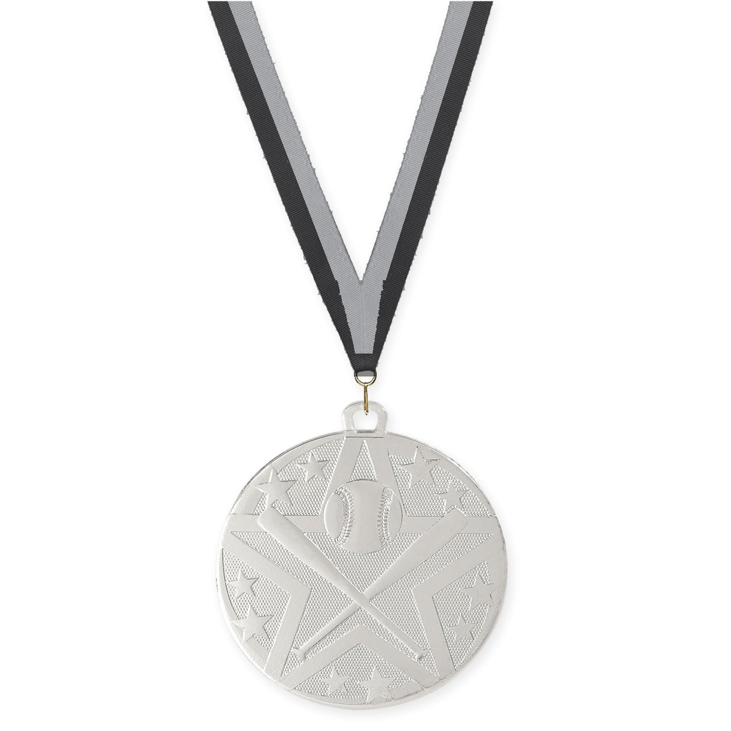 2 inch baseball and softball Superstar medal in silver with Black Gray neck ribbon