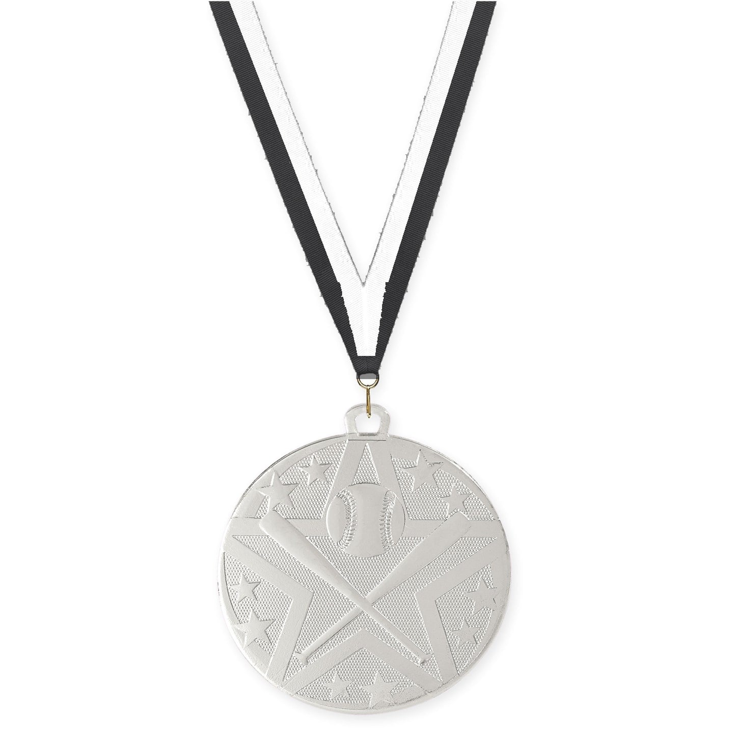 2 inch baseball and softball Superstar medal in silver with Black White neck ribbon