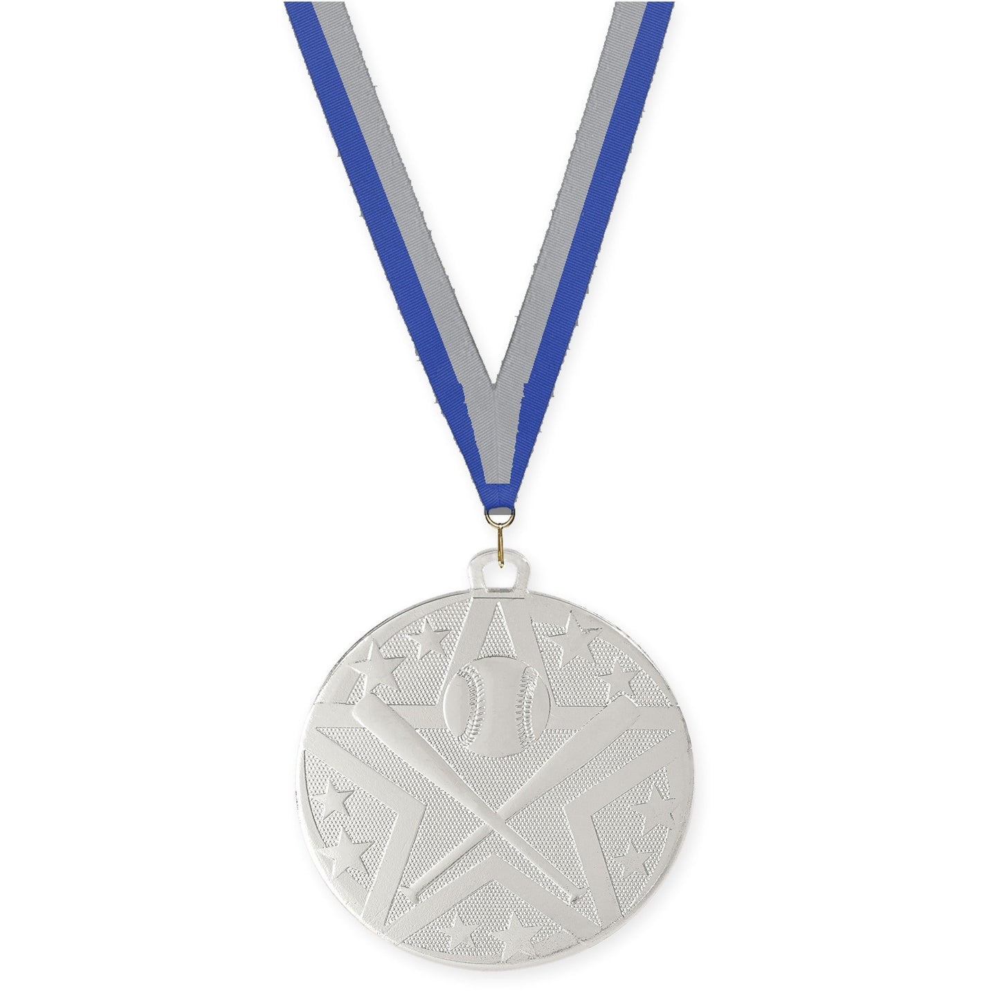 2 inch baseball and softball Superstar medal in silver with Blue Gray neck ribbon
