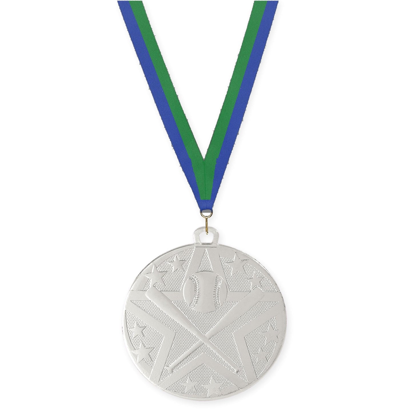 2 inch baseball and softball Superstar medal in silver with Blue Green neck ribbon