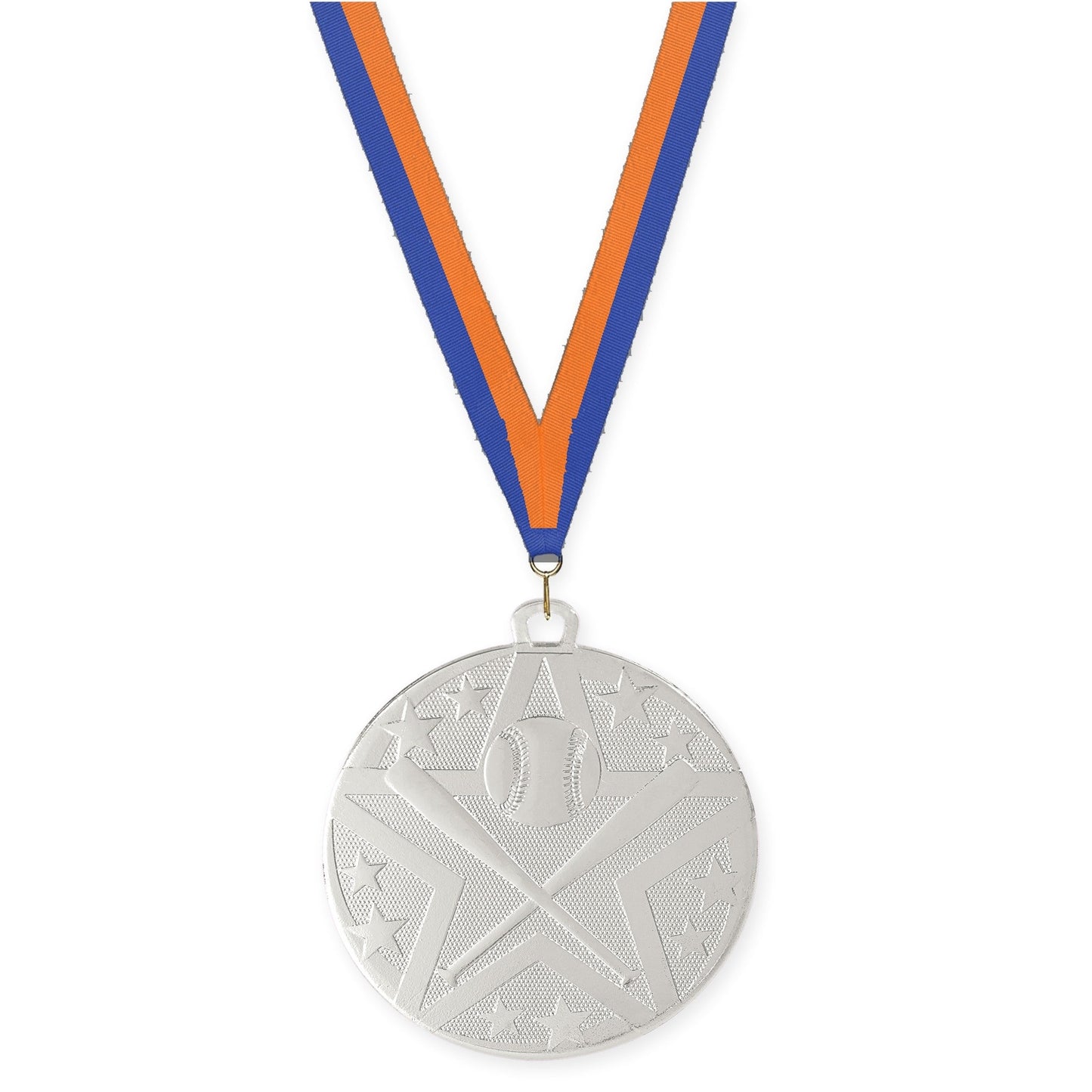 2 inch baseball and softball Superstar medal in silver with Blue Orange neck ribbon