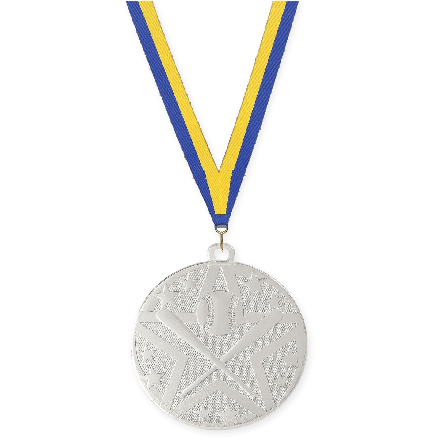 2 inch baseball and softball Superstar medal in silver with Blue Yellow neck ribbon