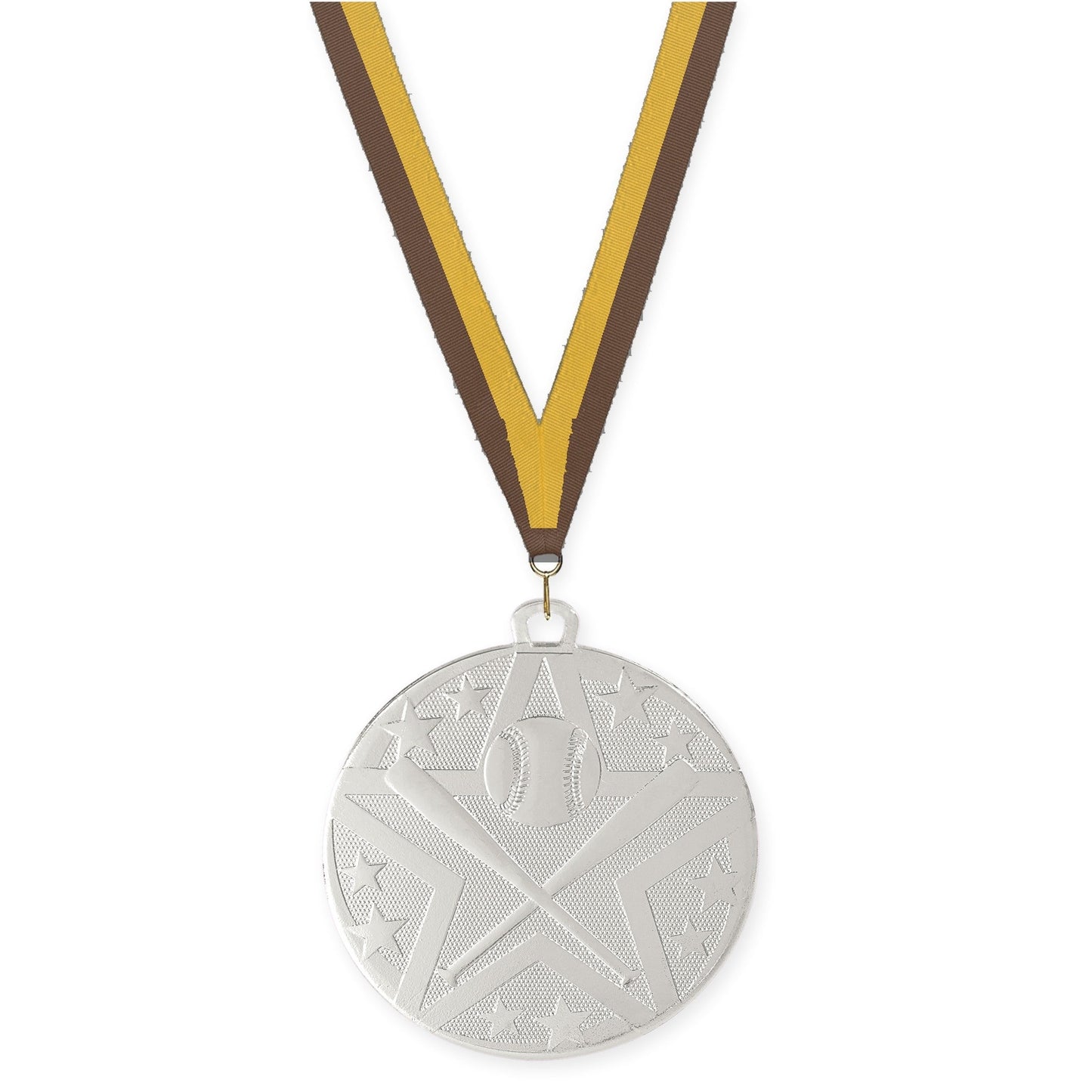 2 inch baseball and softball Superstar medal in silver with Brown Gold neck ribbon