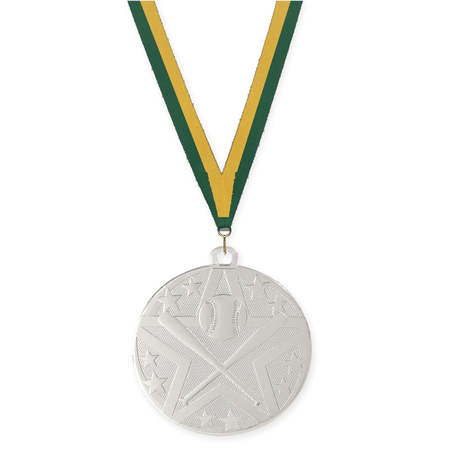 2 inch baseball and softball Superstar medal in silver with Hunter Green Gold neck ribbon
