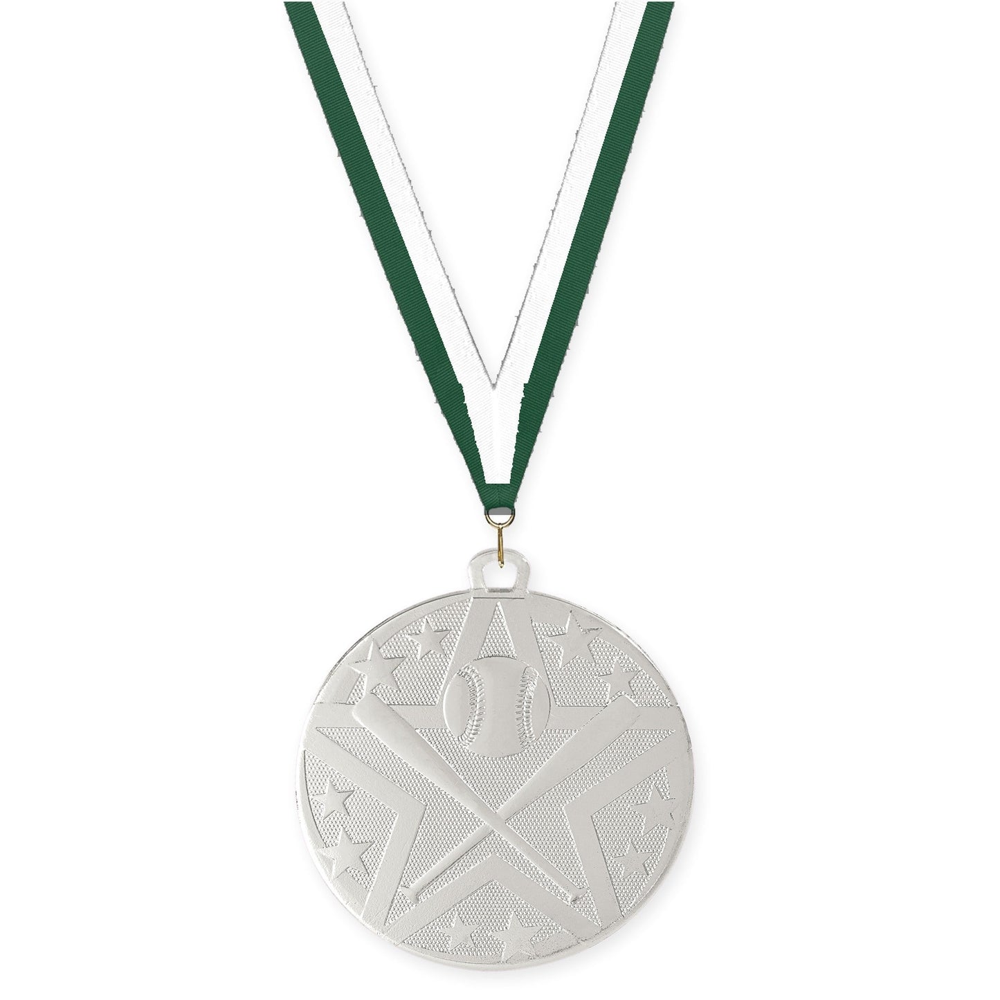 2 inch baseball and softball Superstar medal in silver with Hunter Green White neck ribbon