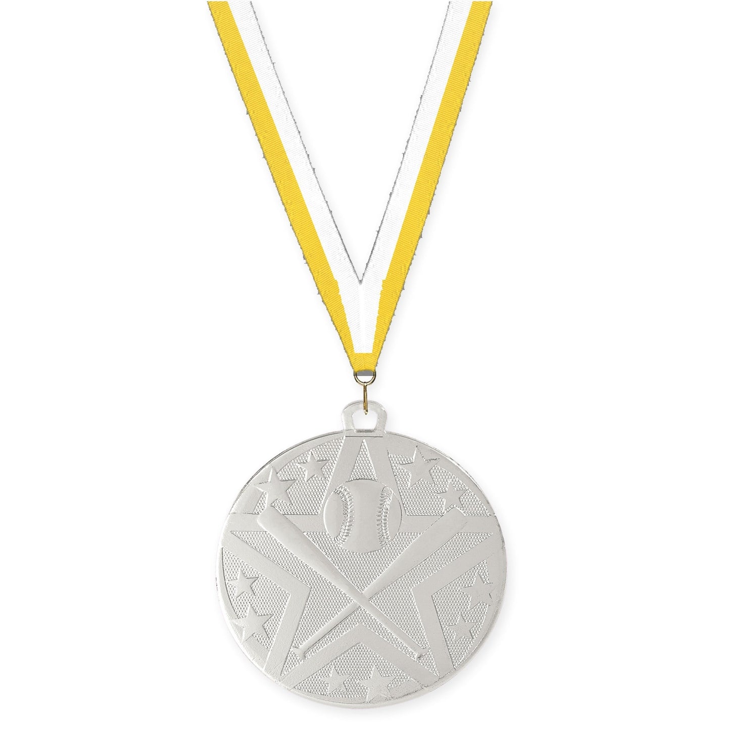 2 inch baseball and softball Superstar medal in silver with Yellow White neck ribbon