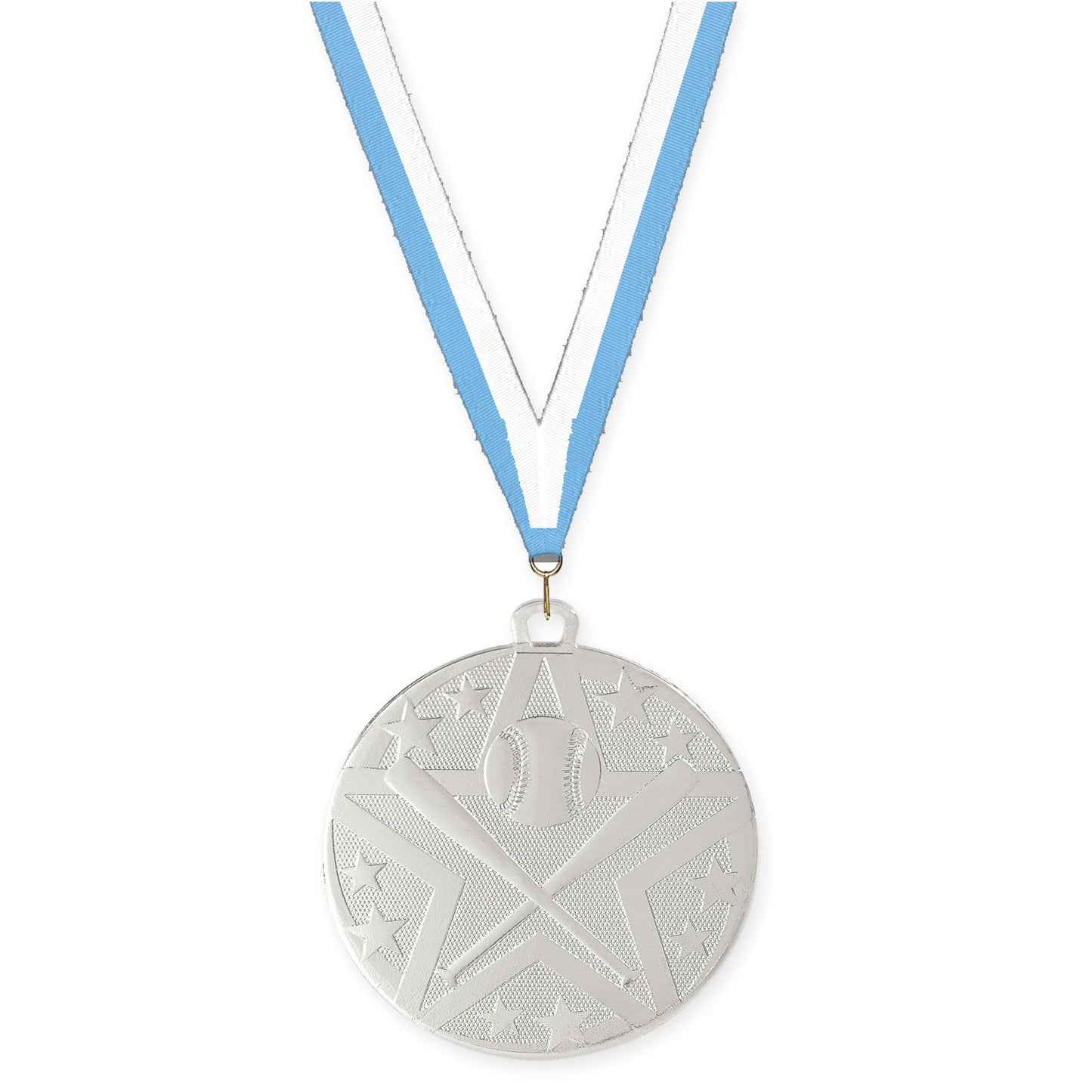 2 inch baseball and softball Superstar medal in silver with Light Blue White neck ribbon