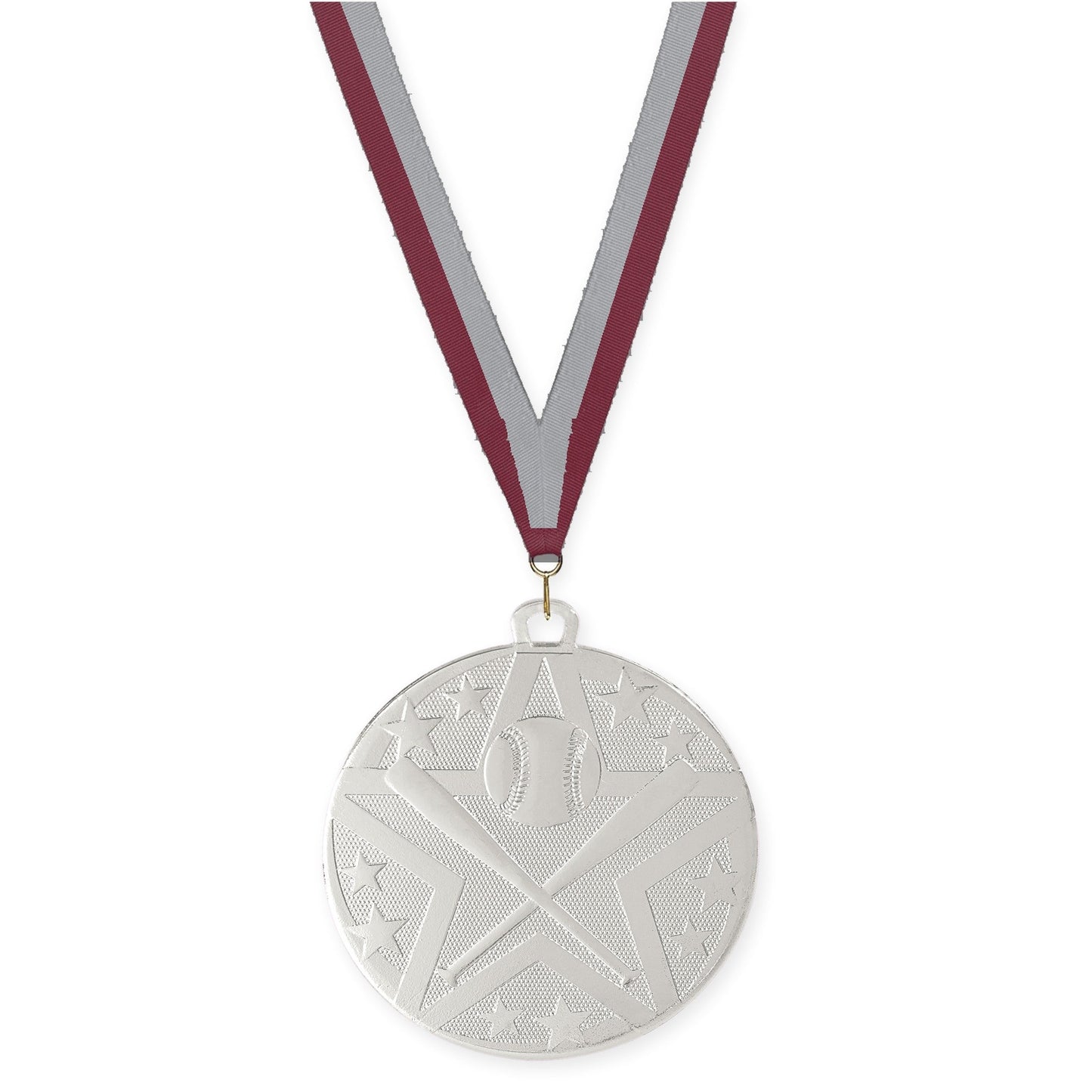 2 inch baseball and softball Superstar medal in silver with Maroon Gray neck ribbon