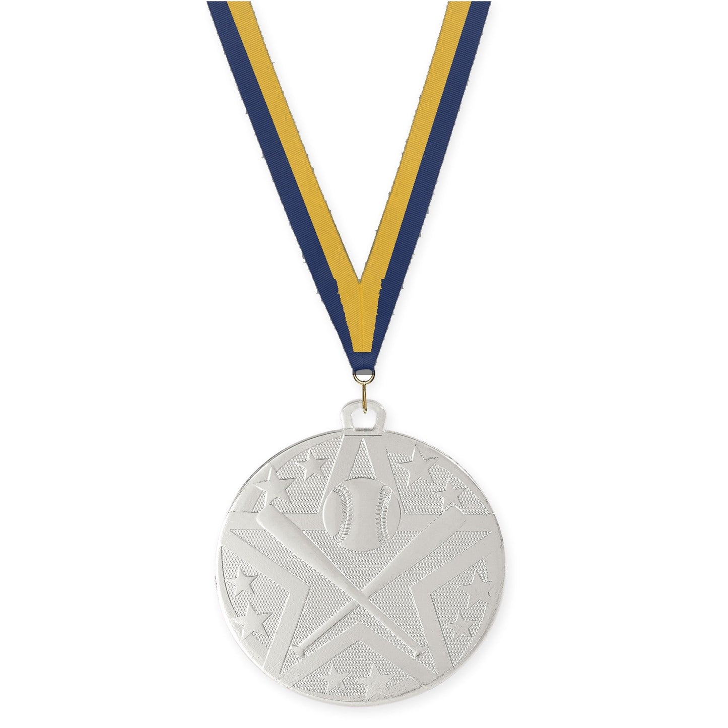 2 inch baseball and softball Superstar medal in silver with Navy Gold neck ribbon