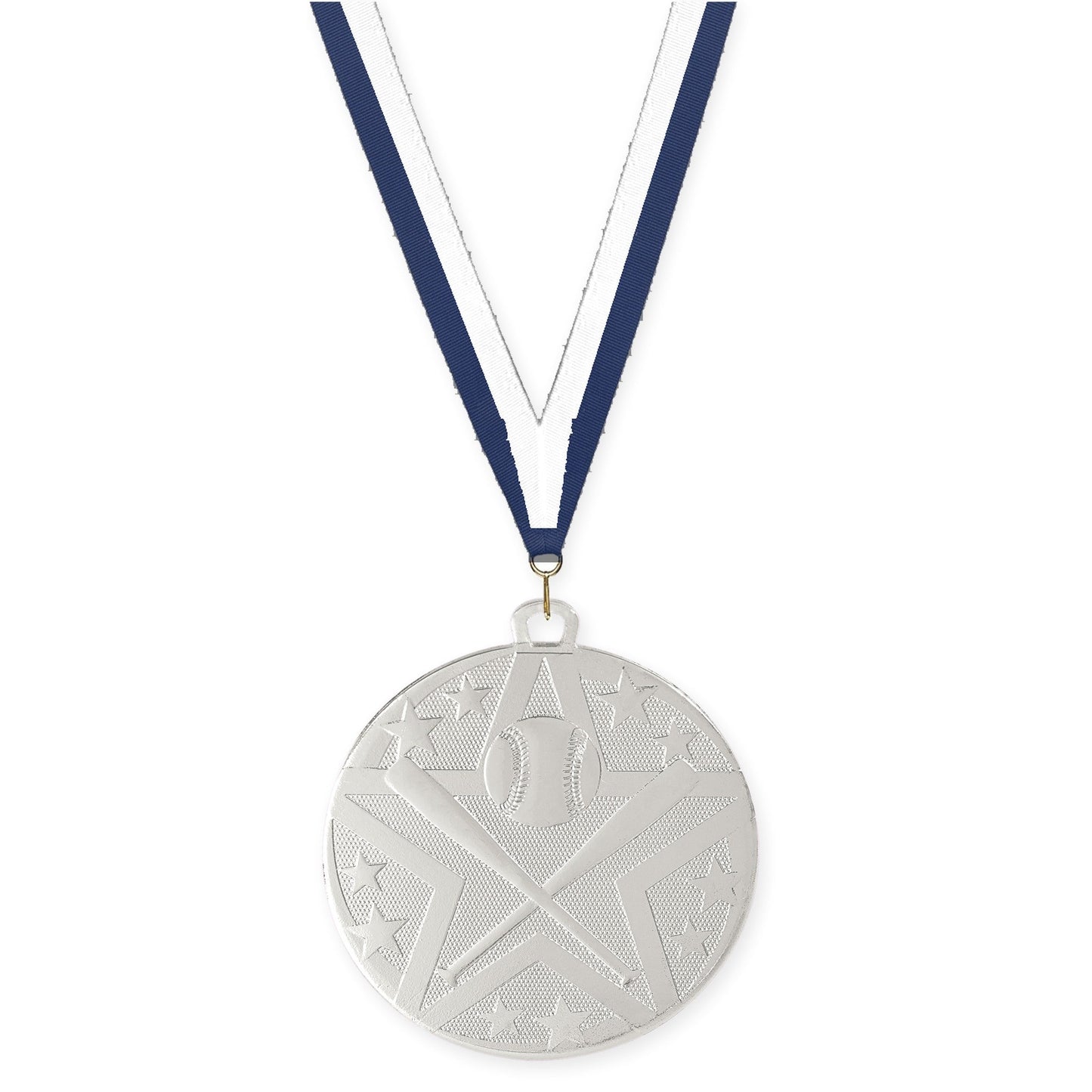 2 inch baseball and softball Superstar medal in silver with Navy White neck ribbon