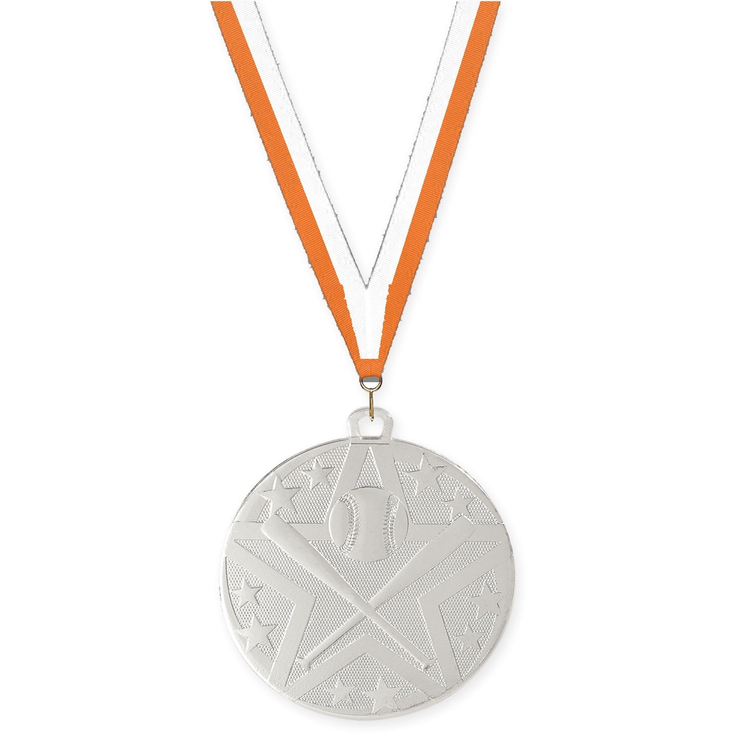 2 inch baseball and softball Superstar medal in silver with Orange White neck ribbon