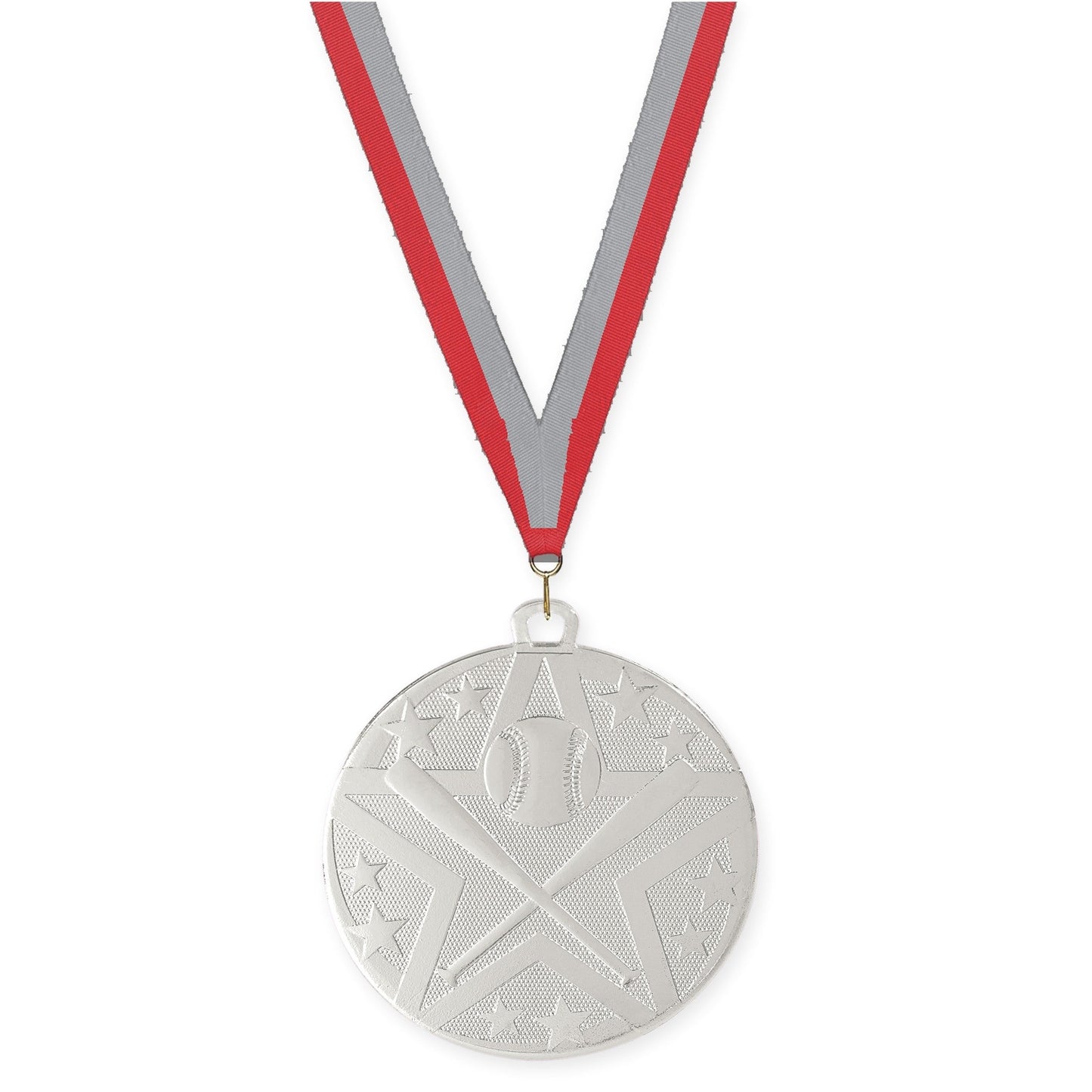 2 inch baseball and softball Superstar medal in silver with Red Gray neck ribbon