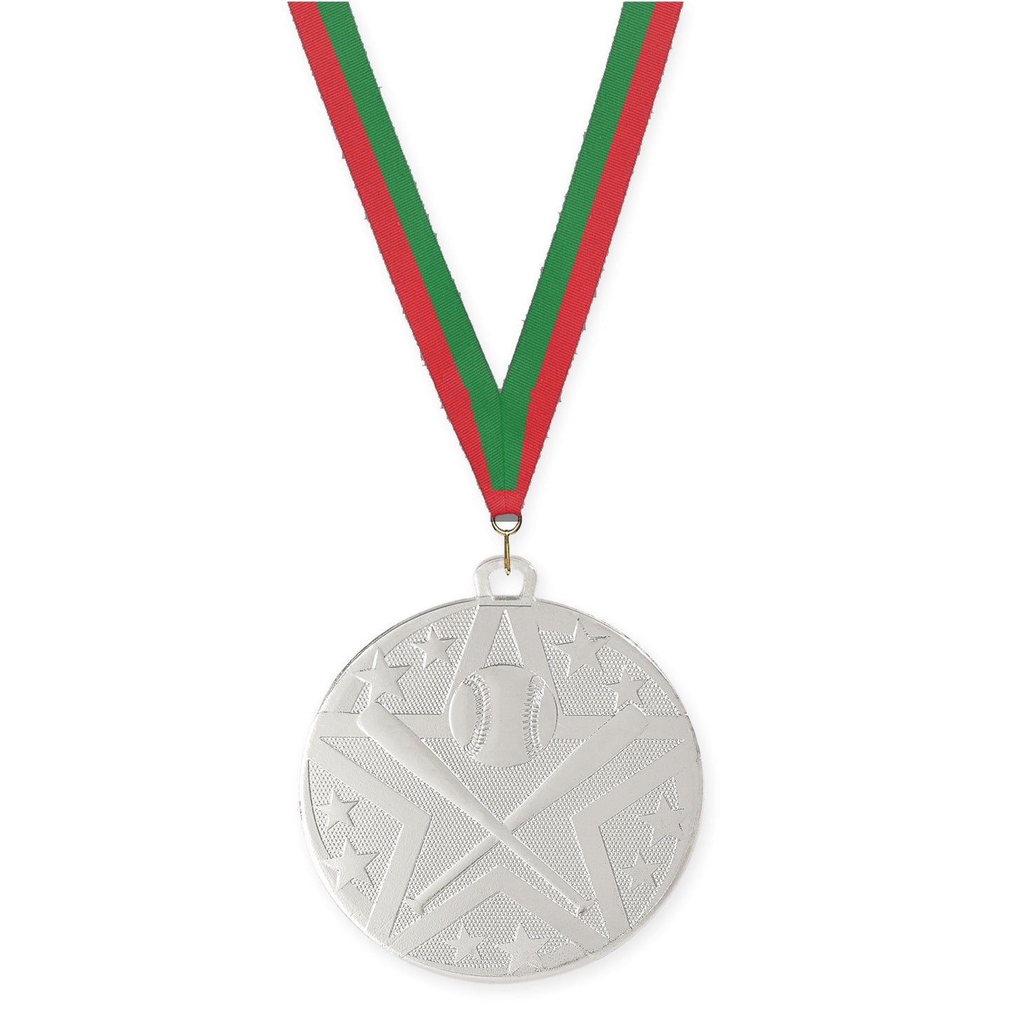 2 inch baseball and softball Superstar medal in silver with Red Green neck ribbon