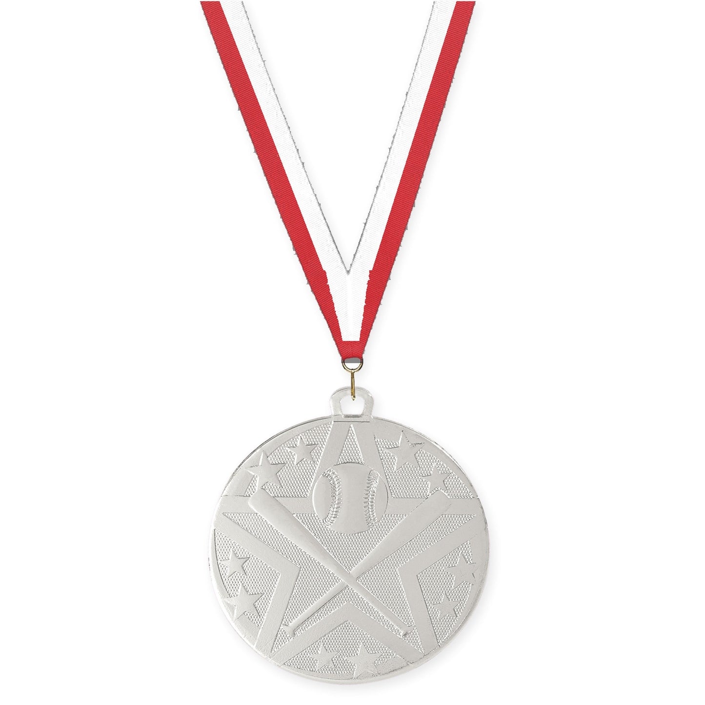 2 inch baseball and softball Superstar medal in silver with Red White neck ribbon