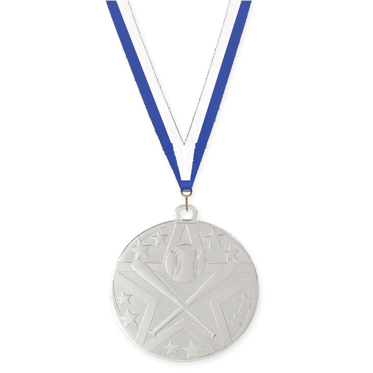 2 inch baseball and softball Superstar medal in silver with Blue White neck ribbon