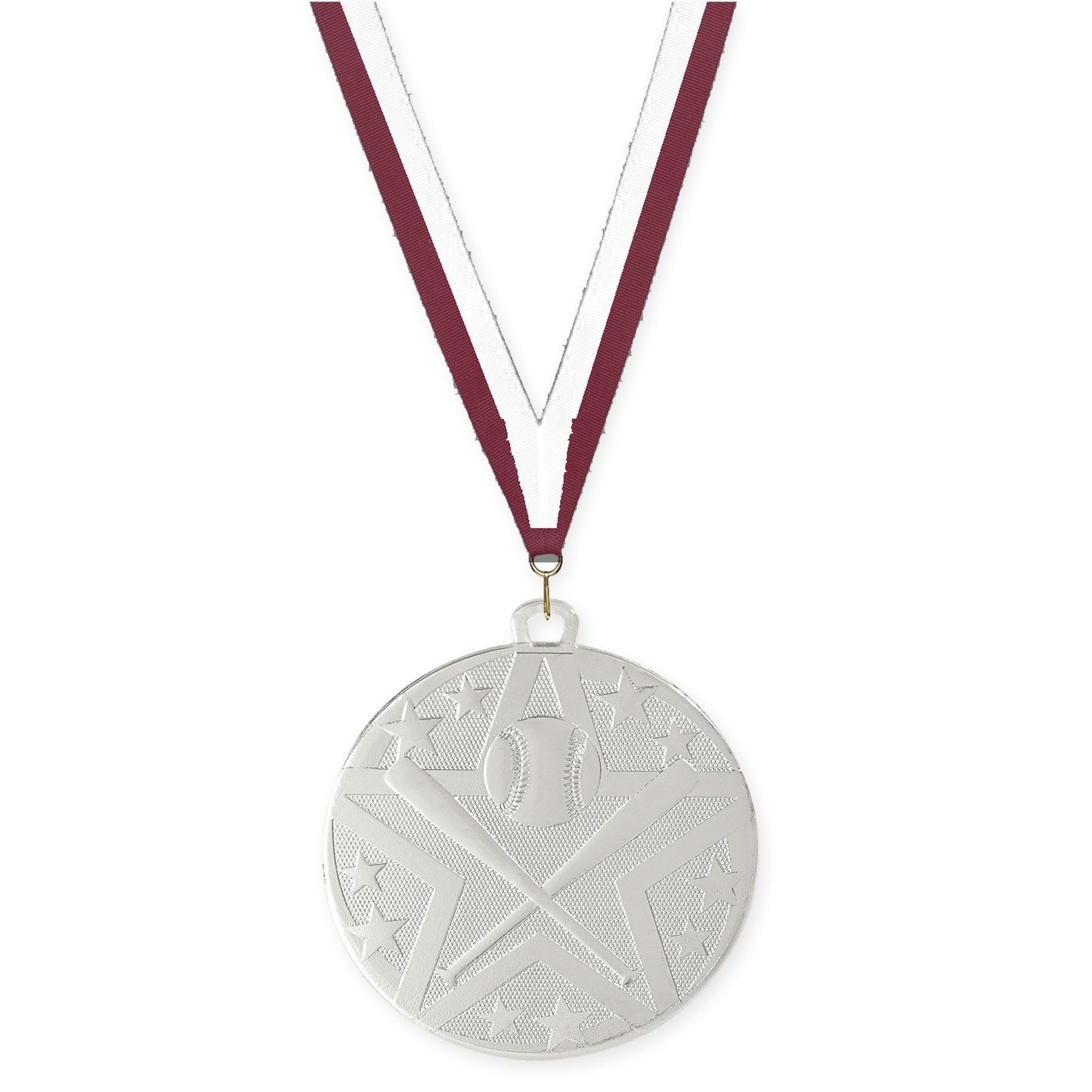 2 inch baseball and softball Superstar medal in silver with Maroon White neck ribbon