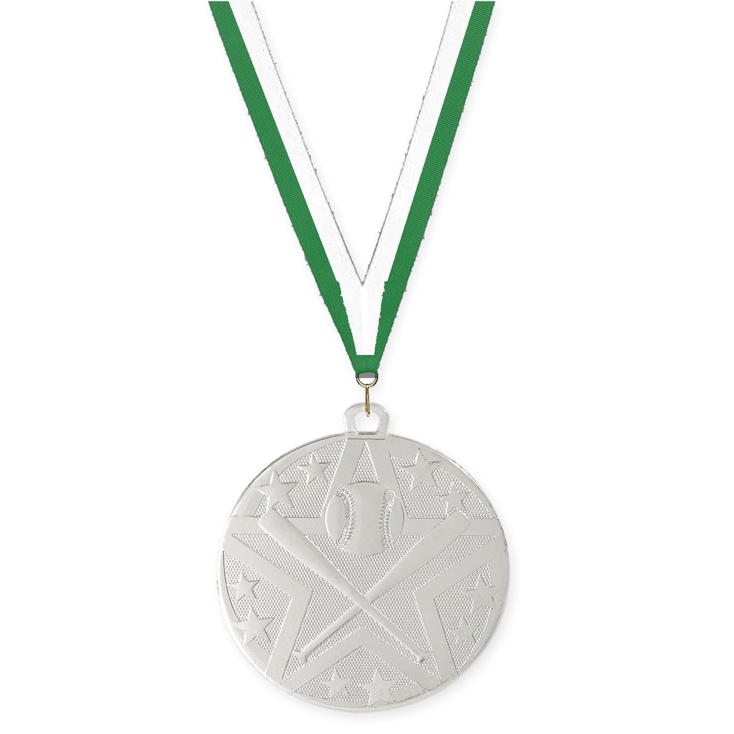 2 inch baseball and softball Superstar medal in silver with Green White neck ribbon