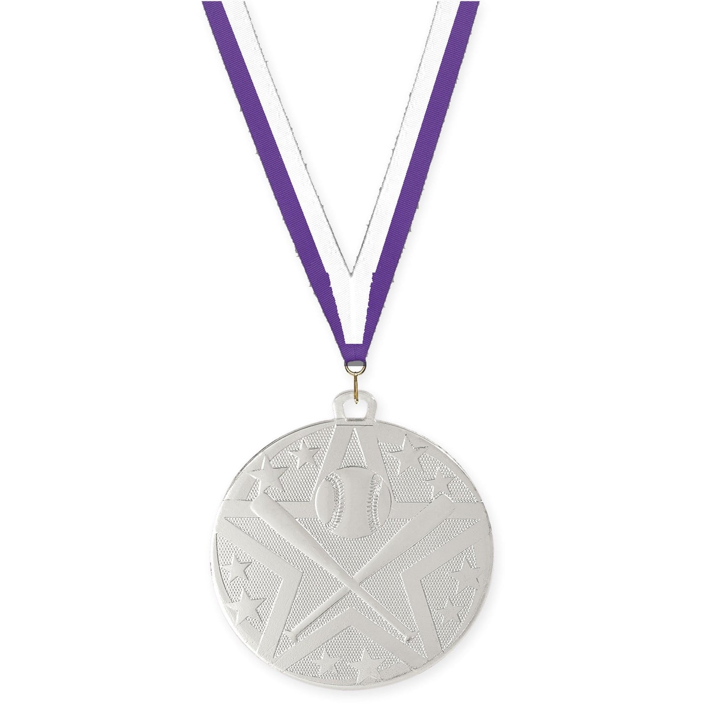 2 inch baseball and softball Superstar medal in silver with Purple White neck ribbon