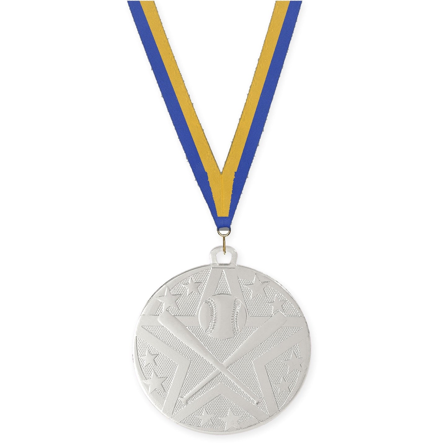 2 inch baseball and softball Superstar medal in silver with Blue Gold neck ribbon